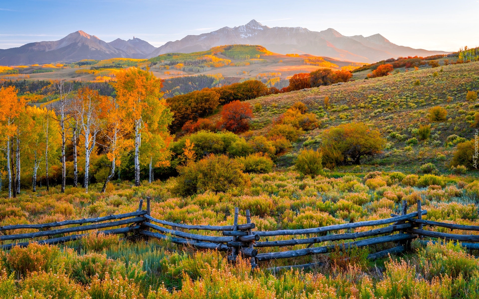 Stany Zjednoczone, Stan Kolorado, Telluride, Jesień, Góry, San Juan Mountains, Kolorowe, Drzewa, Ogrodzenie