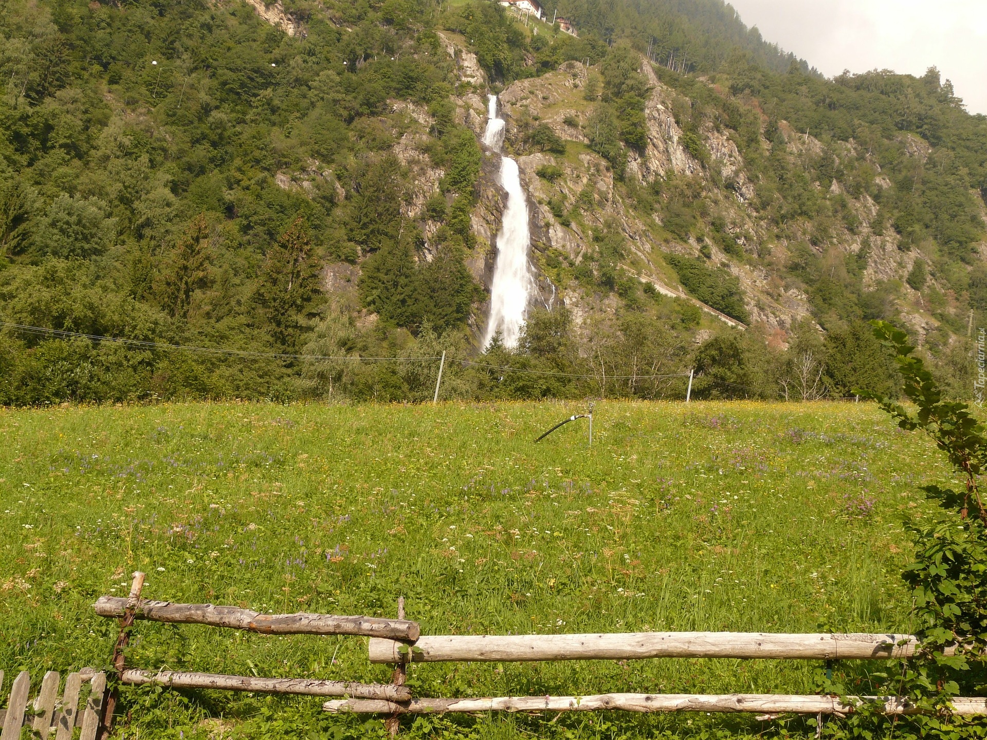 Łąka, Ogrodzenie, Góry, Wodospad, Partschins Wasserfall, Południowy Tyrol, Włochy