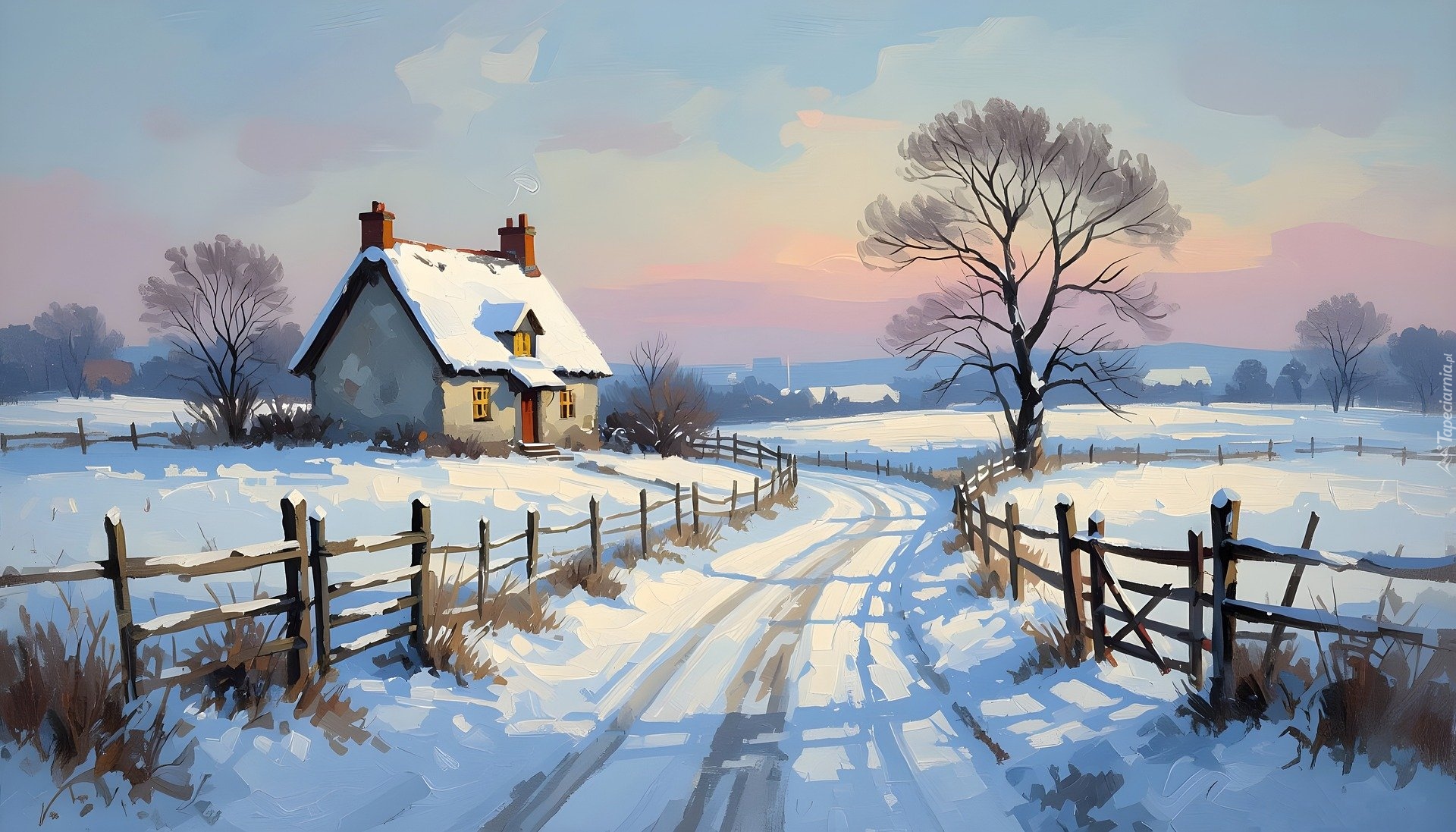 Zima, Drzewo, Dom, Ogrodzenie, Droga