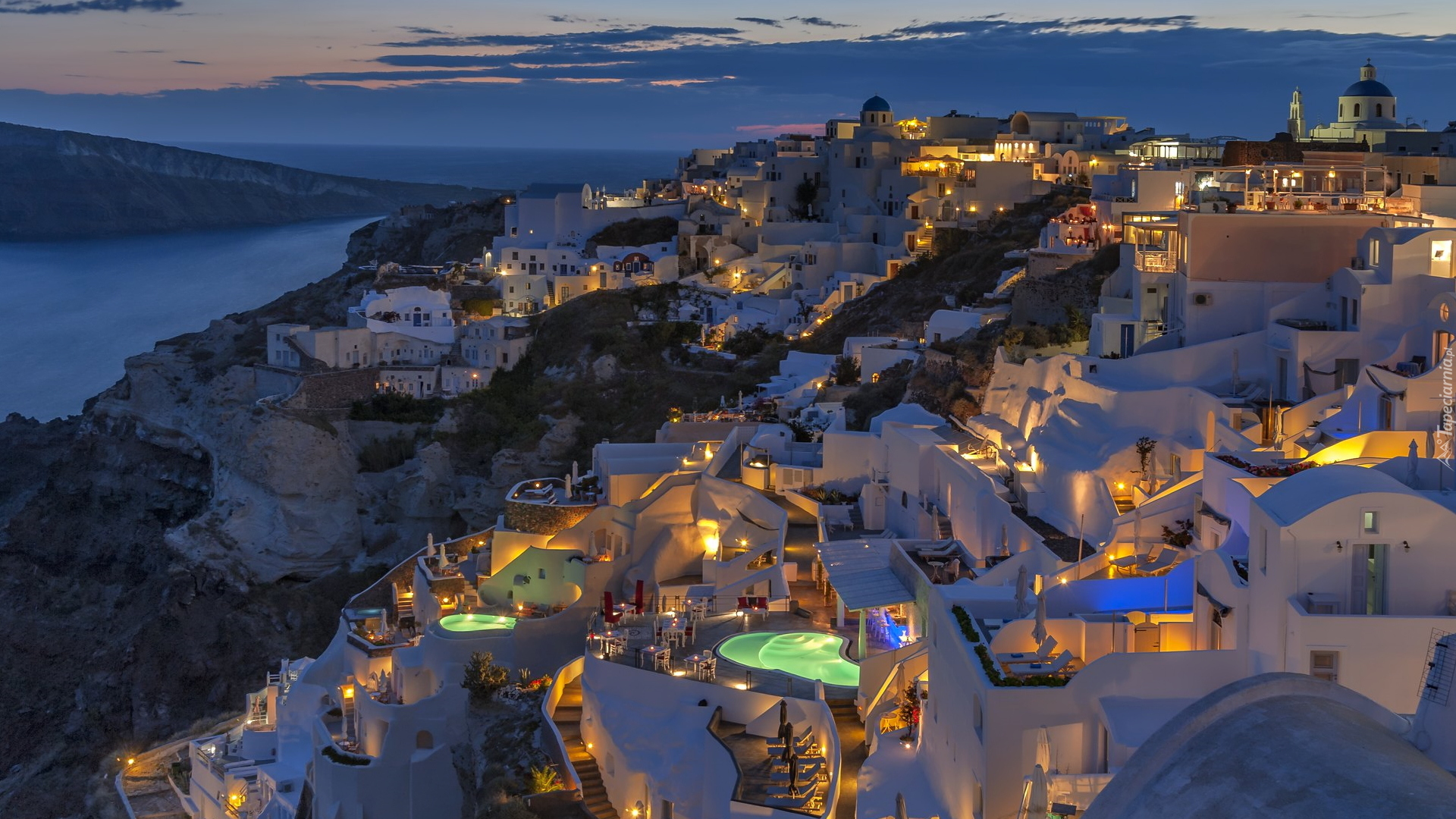 Domy, Światła, Wieczór, Oia, Santorini, Grecja