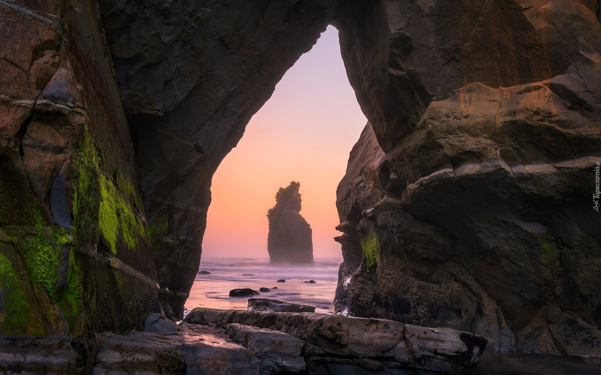 Wschód słońca, Morze, Skały, Skała Elephant Rock, Okno skalne, Dystrykt Taranaki, Nowa Zelandia