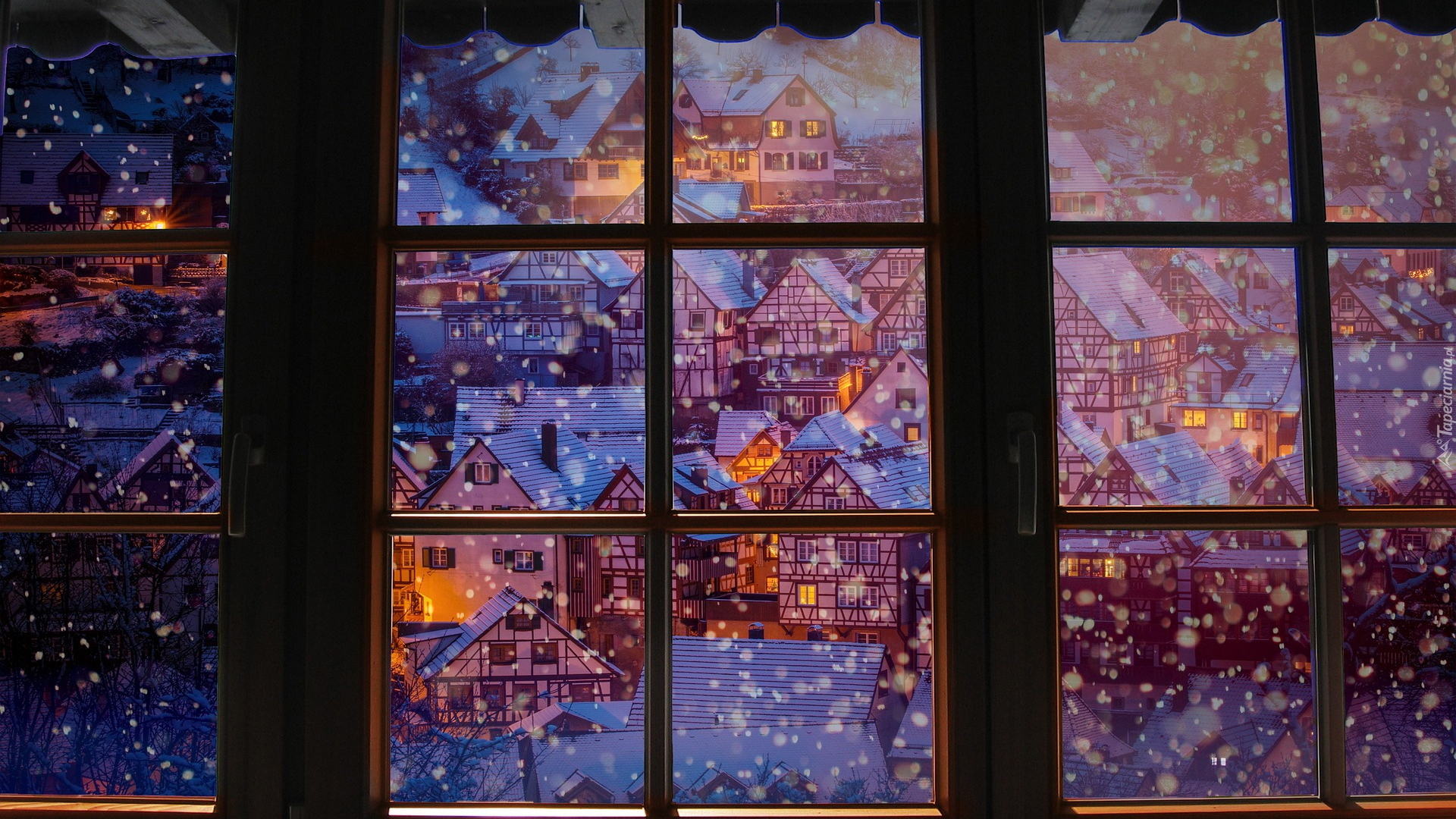 Okno, Boże Narodzenie, Domy, Śnieg, Oświetlenie, Dekoracja, Grafika