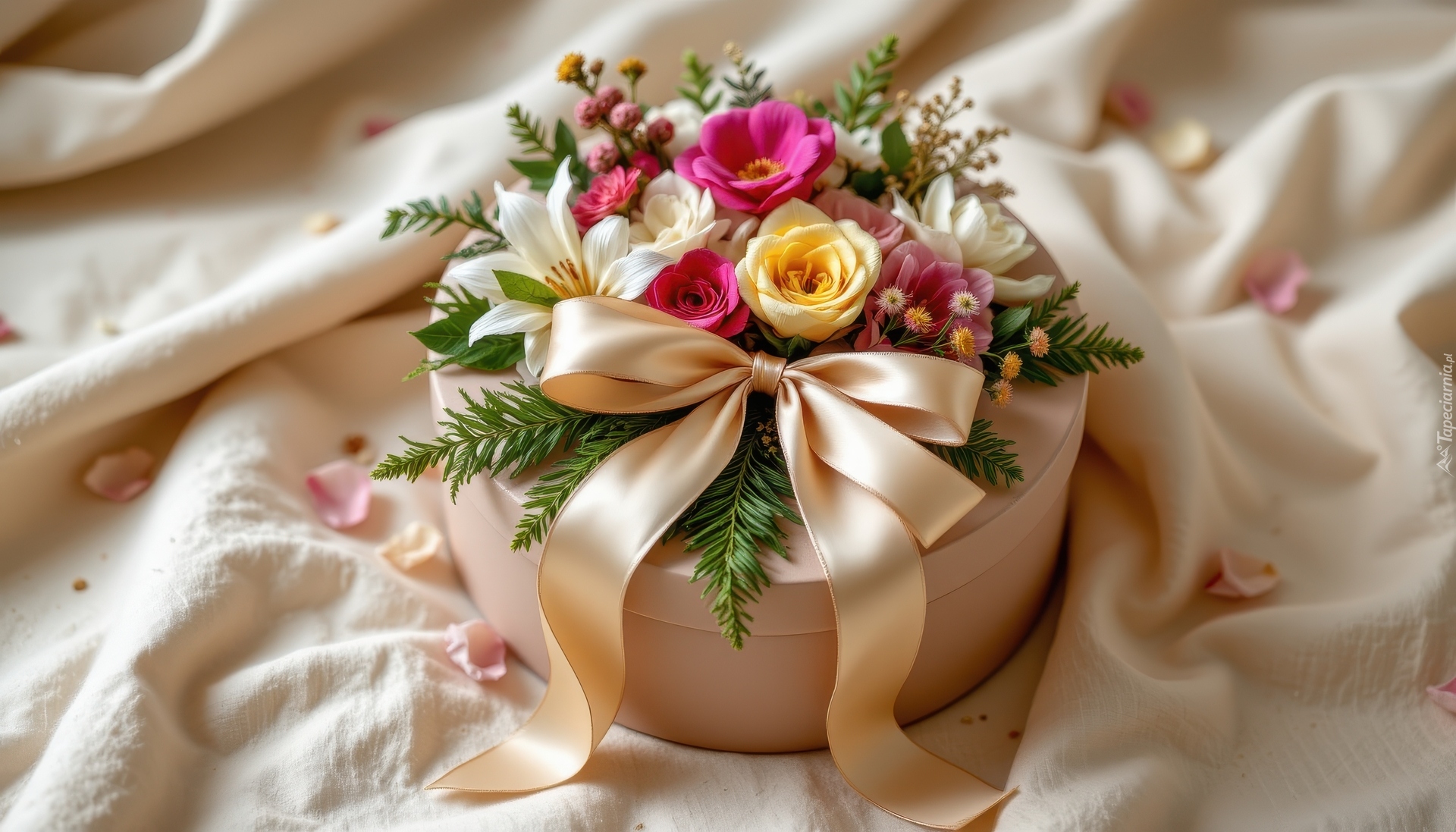 Okrągłe, Pudełko, Prezent, Kwiaty, Kokarda, Tkanina