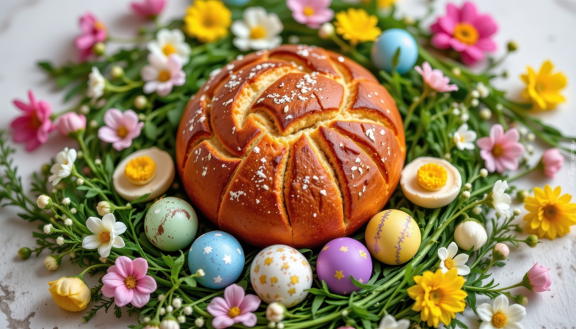 Chleb, Pisanki, Jajka, Kwiaty, Wielkanoc