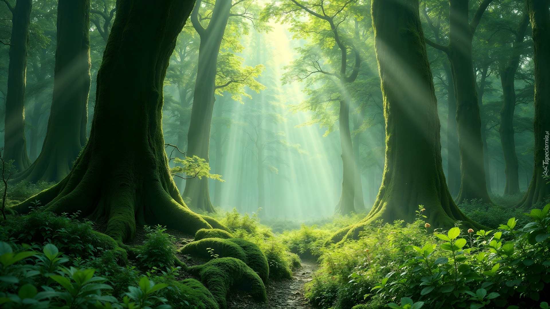 Las, Przebijające światło, Ścieżka, Omszałe, Korzenie, Drzewa