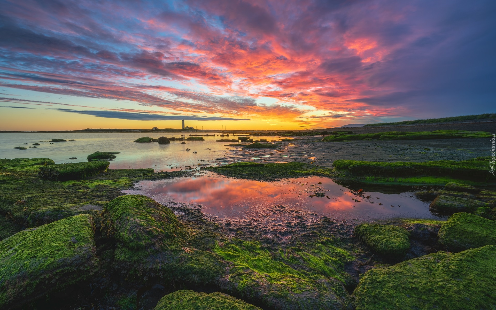 Morze, Latarnia morska, Grotta Island Lighthouse, Zachód słońca, Wybrzeże, Reykjavík, Islandia