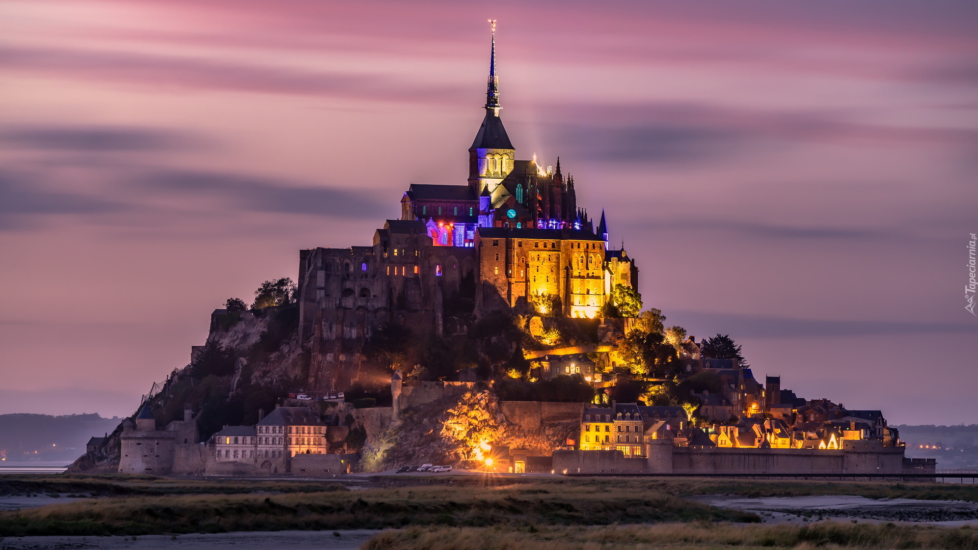 Zachód słońca, Opactwo św Archanioła, Klasztor, Mont Saint Michel, Normandia, Francja