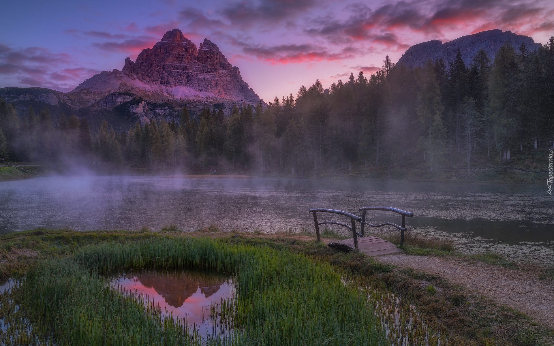 Jezioro, Antorno Lake, Mostek, Góry, Dolomity, Masyw, Tre Cime di Lavaredo, Drzewa, Trawa, Mgła, Prowincja Belluno, Włochy