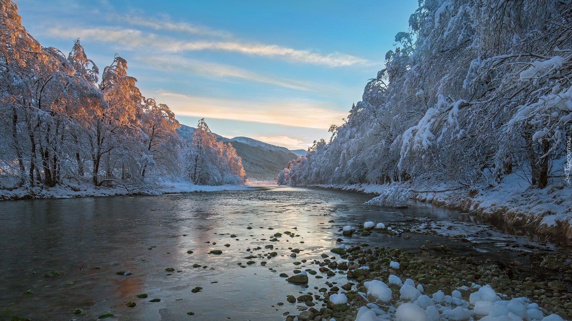 Zima, Rzeka, Oszronione, Drzewa, Góry, Kamienie