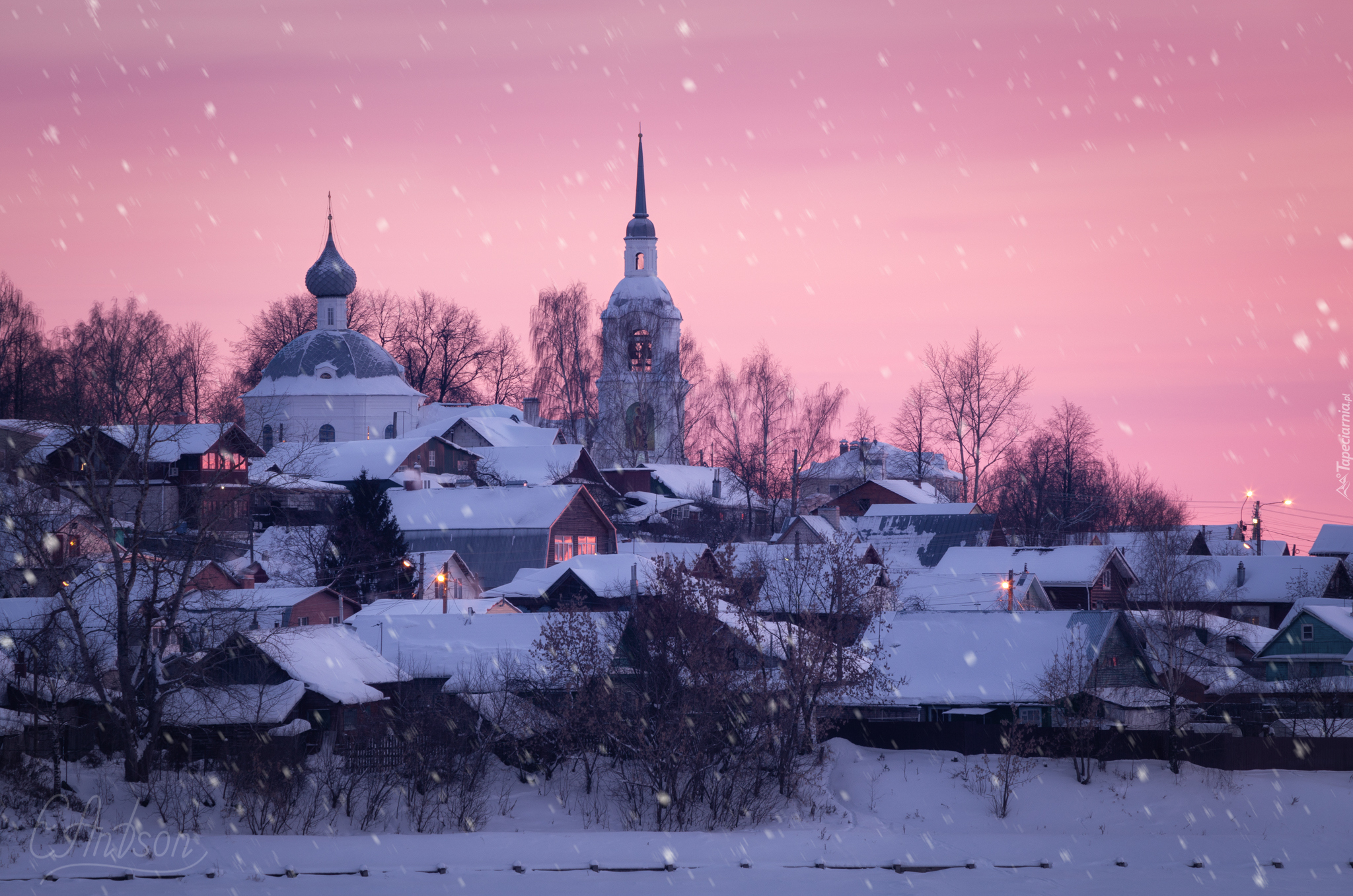 Domy, Cerkiew, Drzewa, Padający, Śnieg, Zima, Kostroma, Rosja