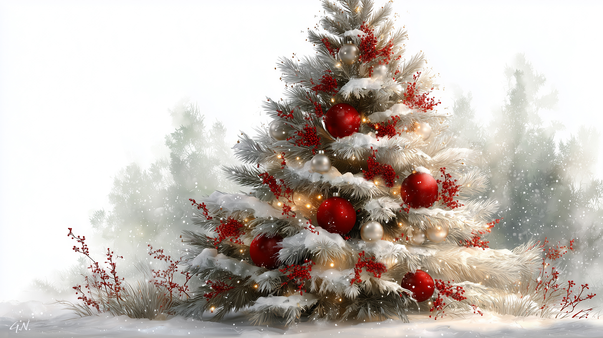 Boże Narodzenie, Choinka, Czerwone, Bombki, Śnieg, Grafika AI