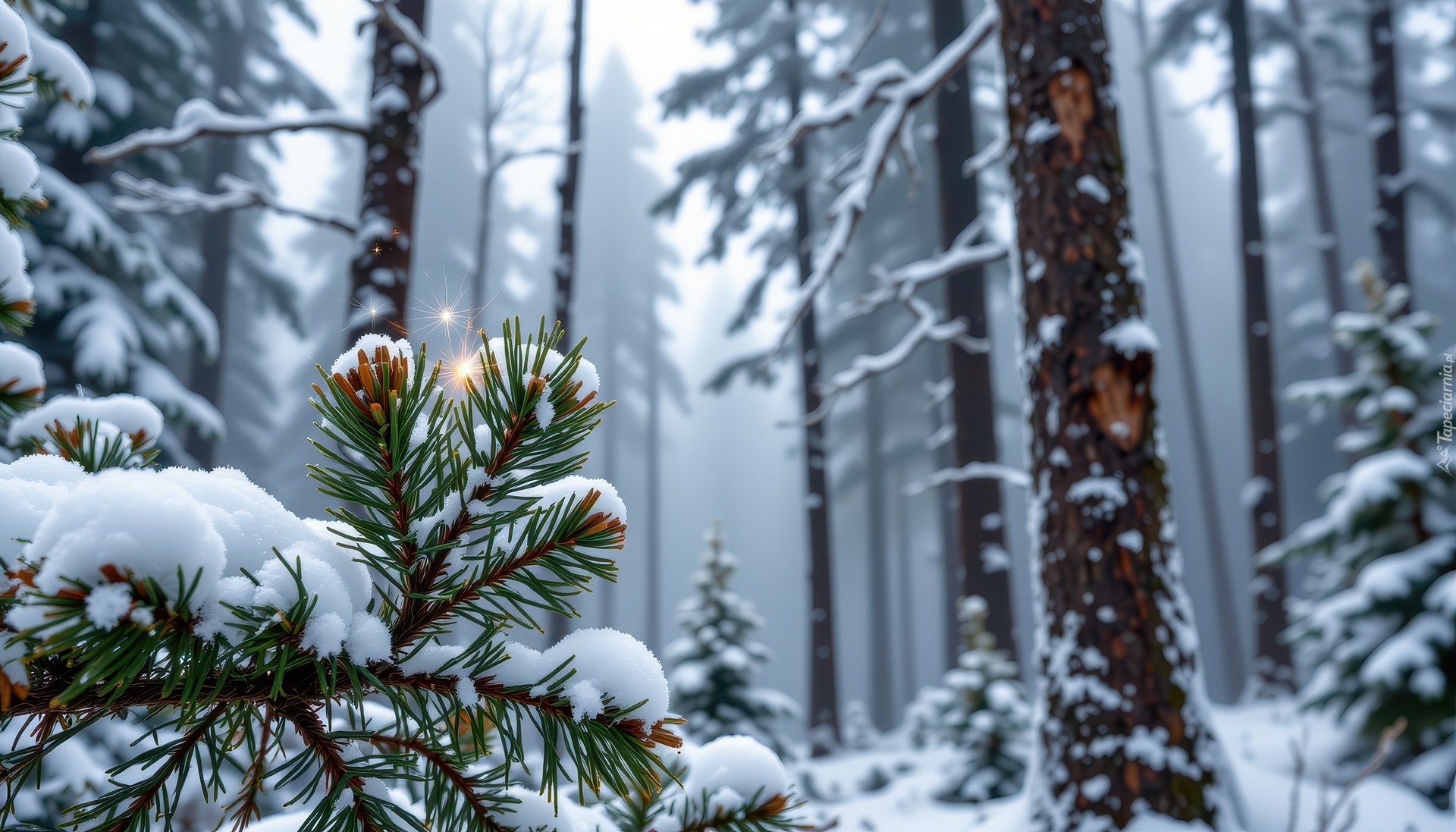 Gałązka, Sosna, Śnieg, Las, Zima, Grafika AI