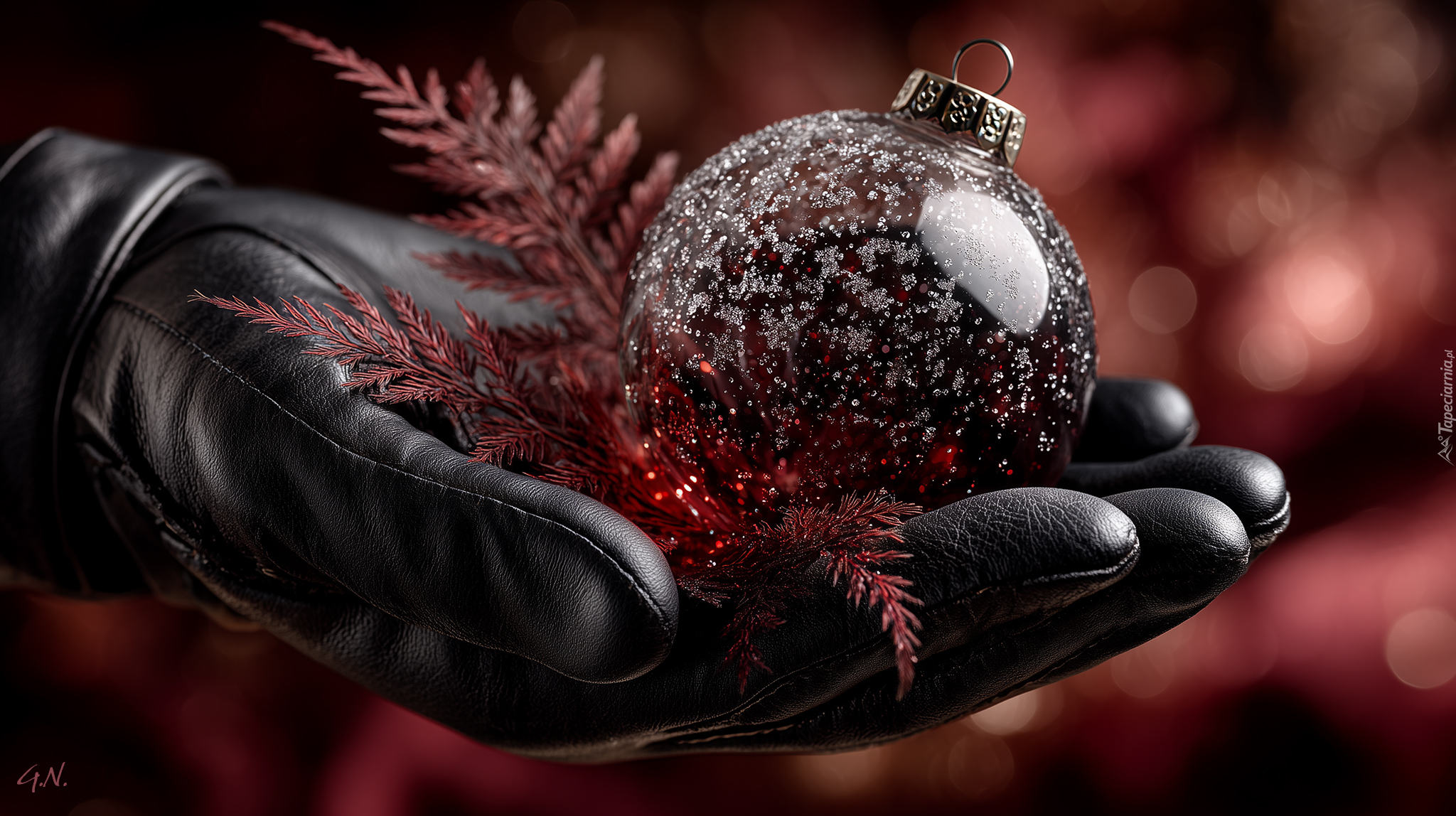 Boże Narodzenie, Bombka, Czerwona, Czarna, Rękawica, Dłoń, Grafika AI