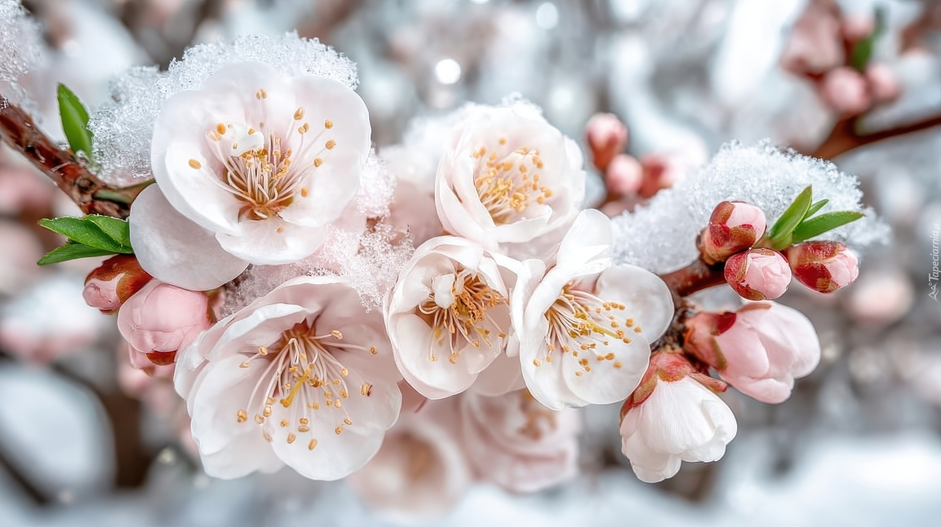 Białe, Kwiaty, Gałązki, Śnieg