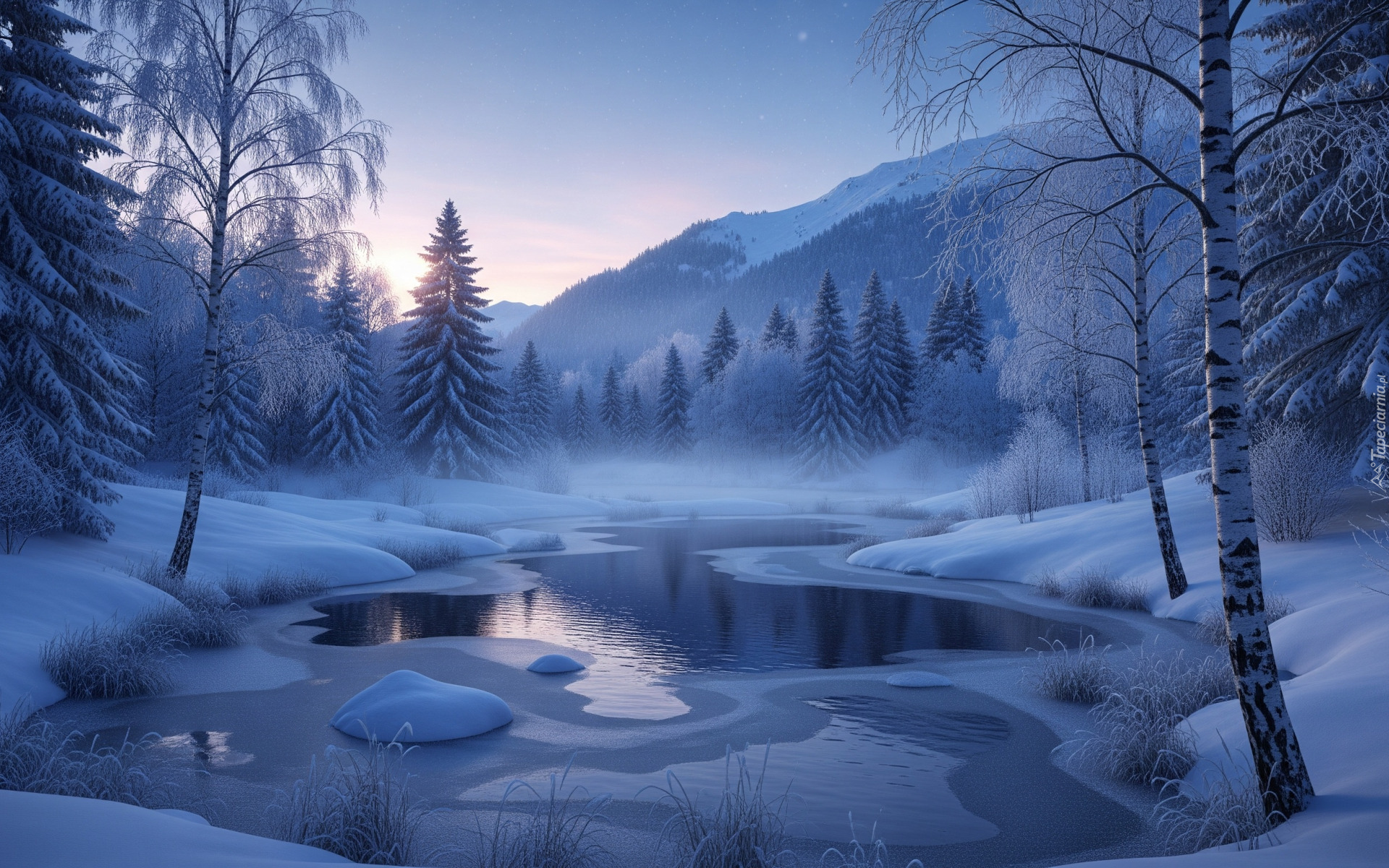 Góry, Rzeka, Las, Drzewa, Ośnieżone, Brzozy, Zima