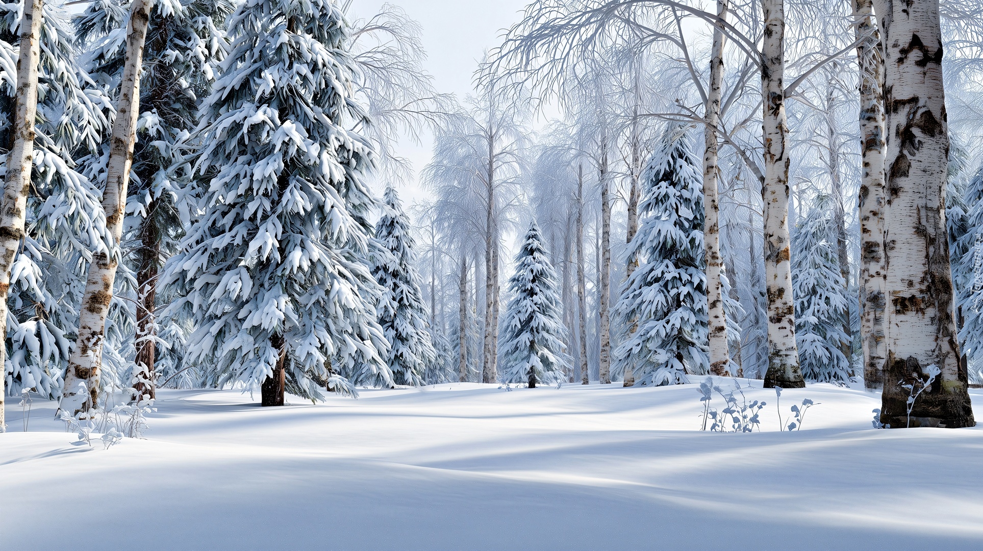 Zima, Las, Drzewa, Brzozy, Świerki, Grafika AI