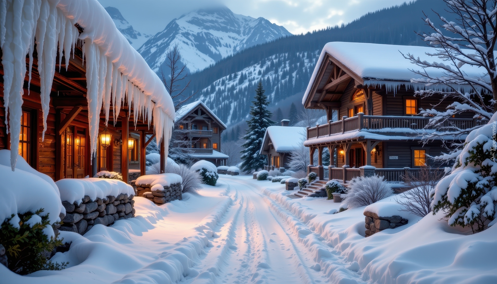 Góry, Domy, Zima, Śnieg, Sople, Droga