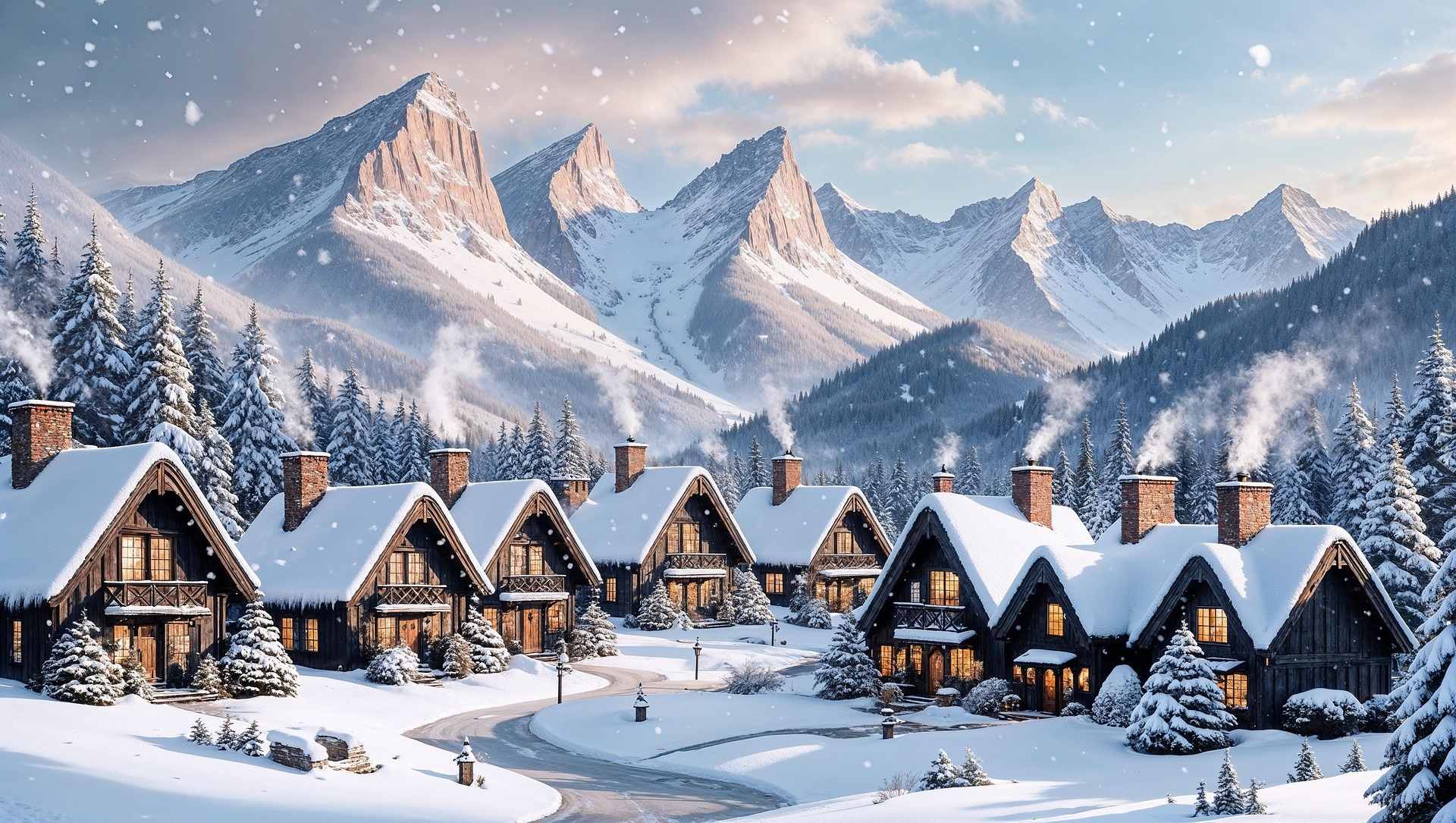 Wioska, Domy, Góry, Śnieg