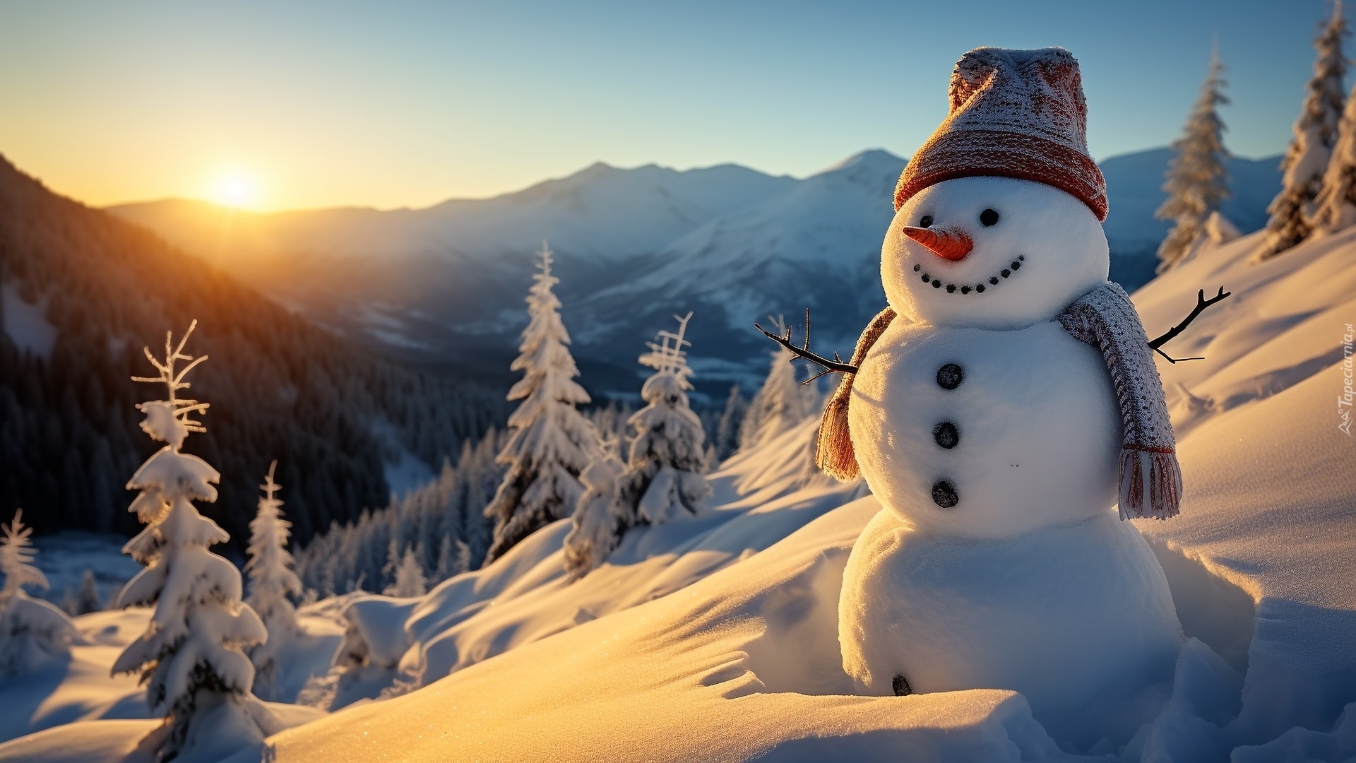 Zima, Góry, Słońce, Ośnieżone, Drzewa, Bałwan, Czapka, Szal, Al