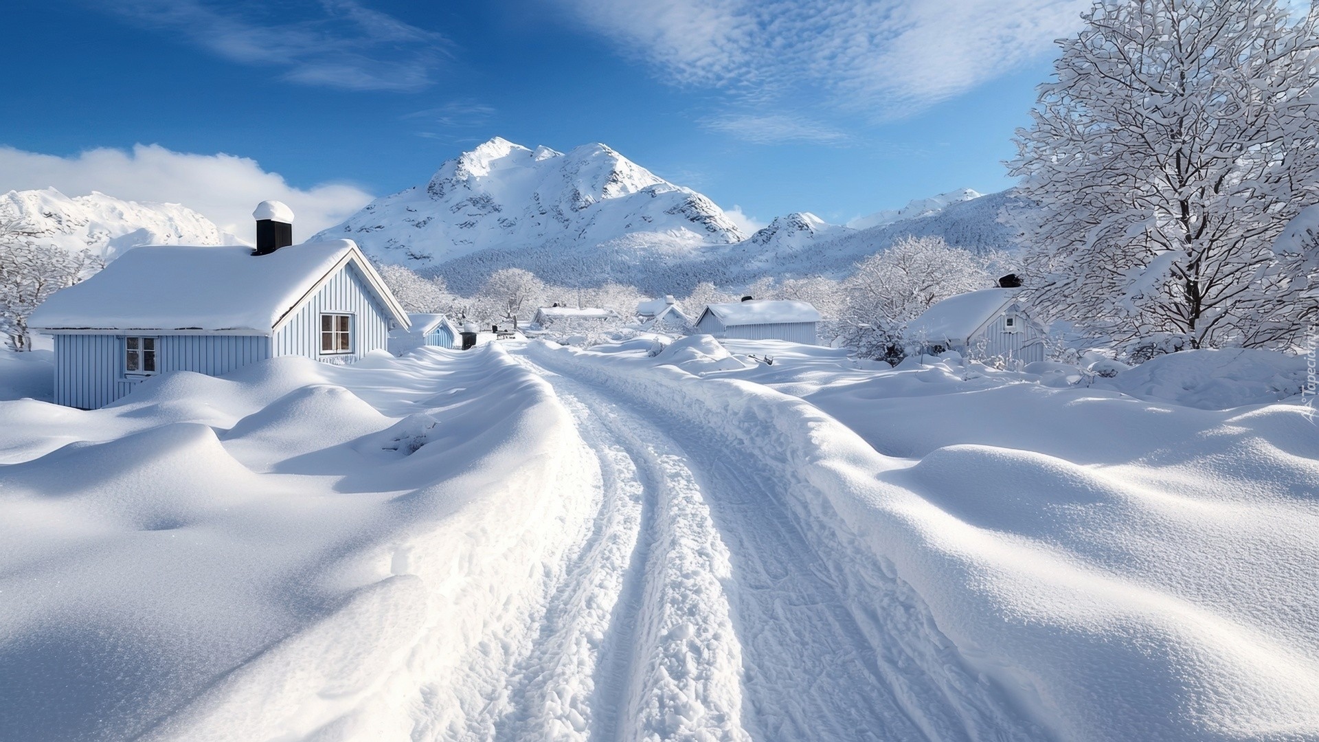 Zima, Ośnieżone, Domy, Drzewa, Zaśnieżona, Droga, Góry