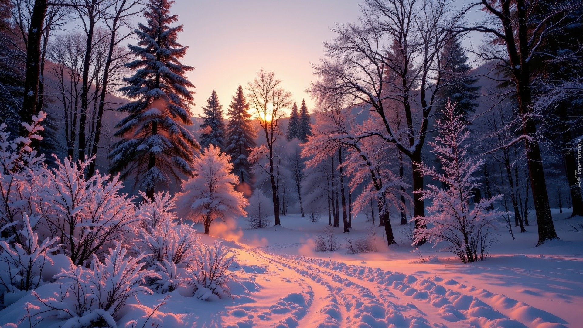 Zima, Zachód słońca, Las, Zaśnieżona, Droga, Ośnieżone, Drzewa