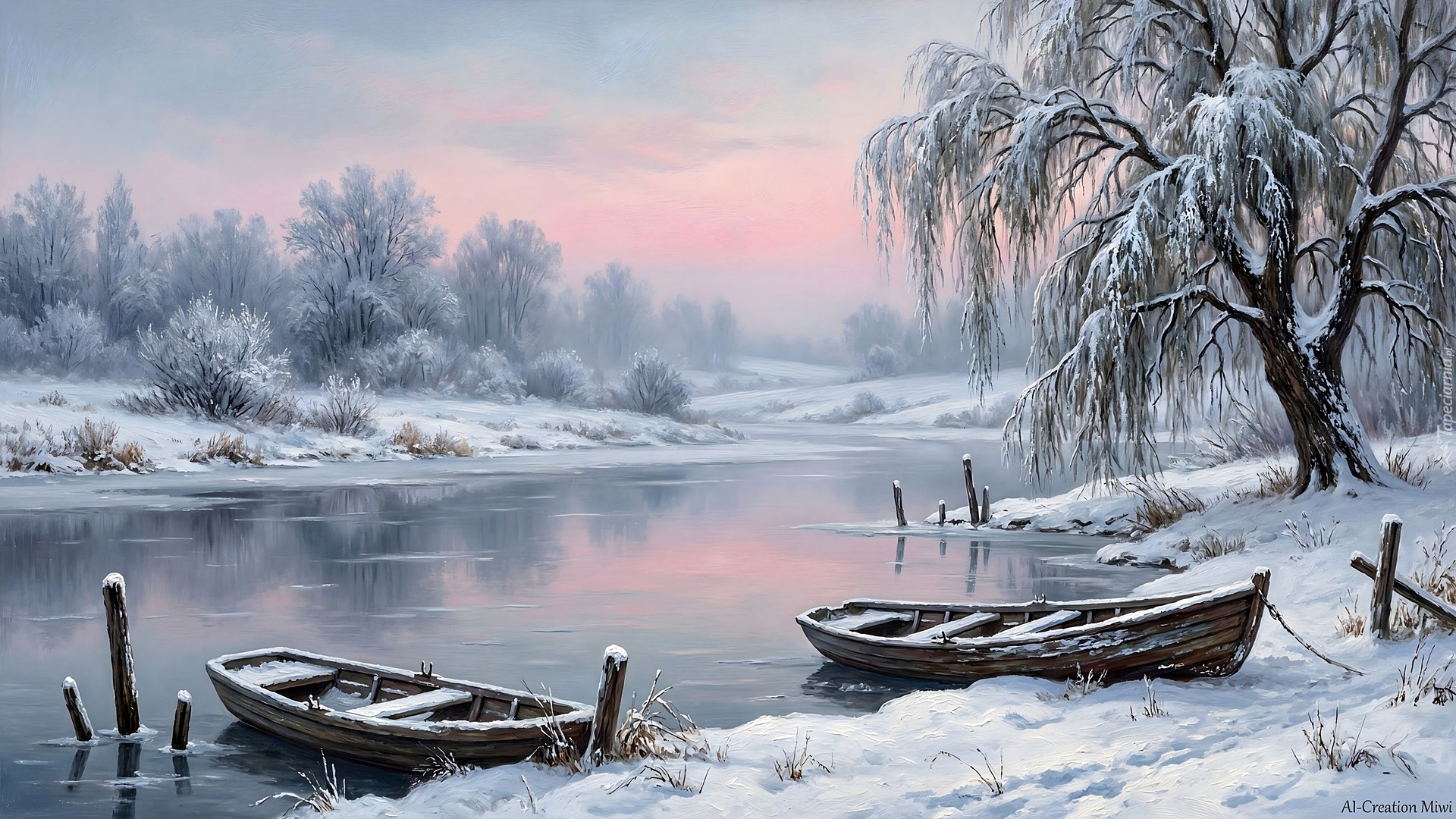 Zima, Dwie, Łódki, Rzeka, Drzewa, Grafika AI