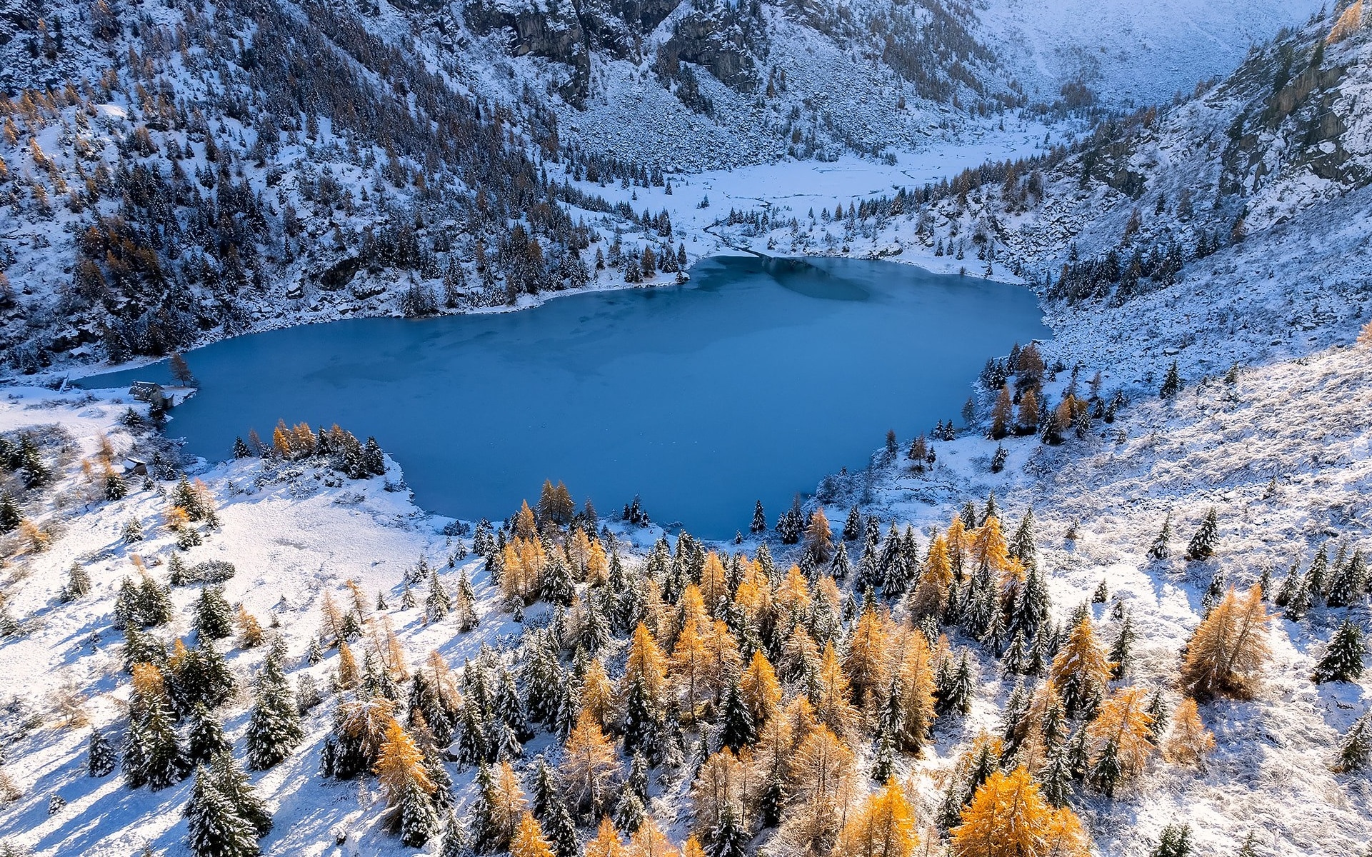 Włochy, Lombardia, Góry, Drzewa, Jezioro, Aviolo Lake, Zima