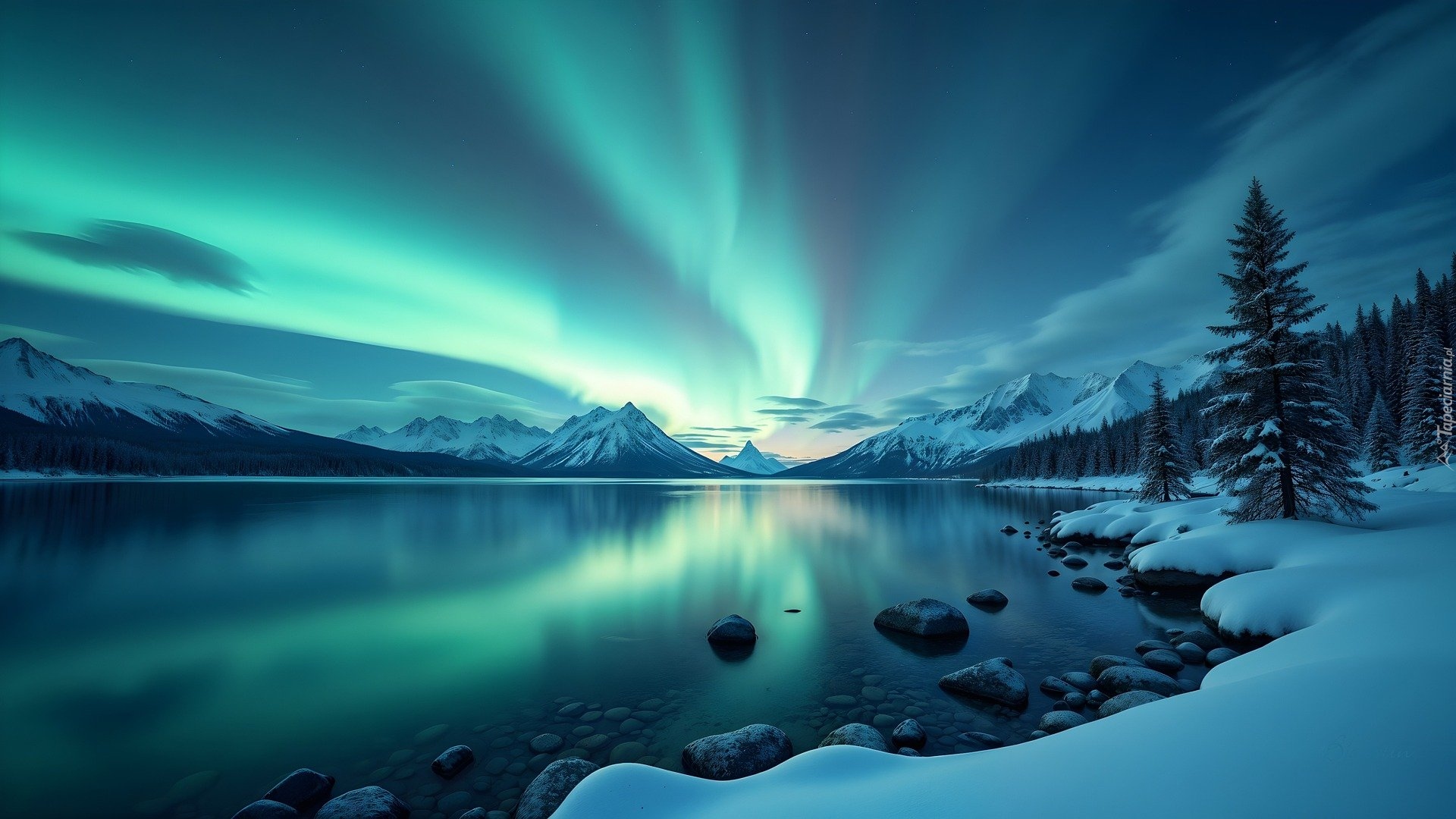 Zorza polarna, Śnieg, Góry, Jezioro