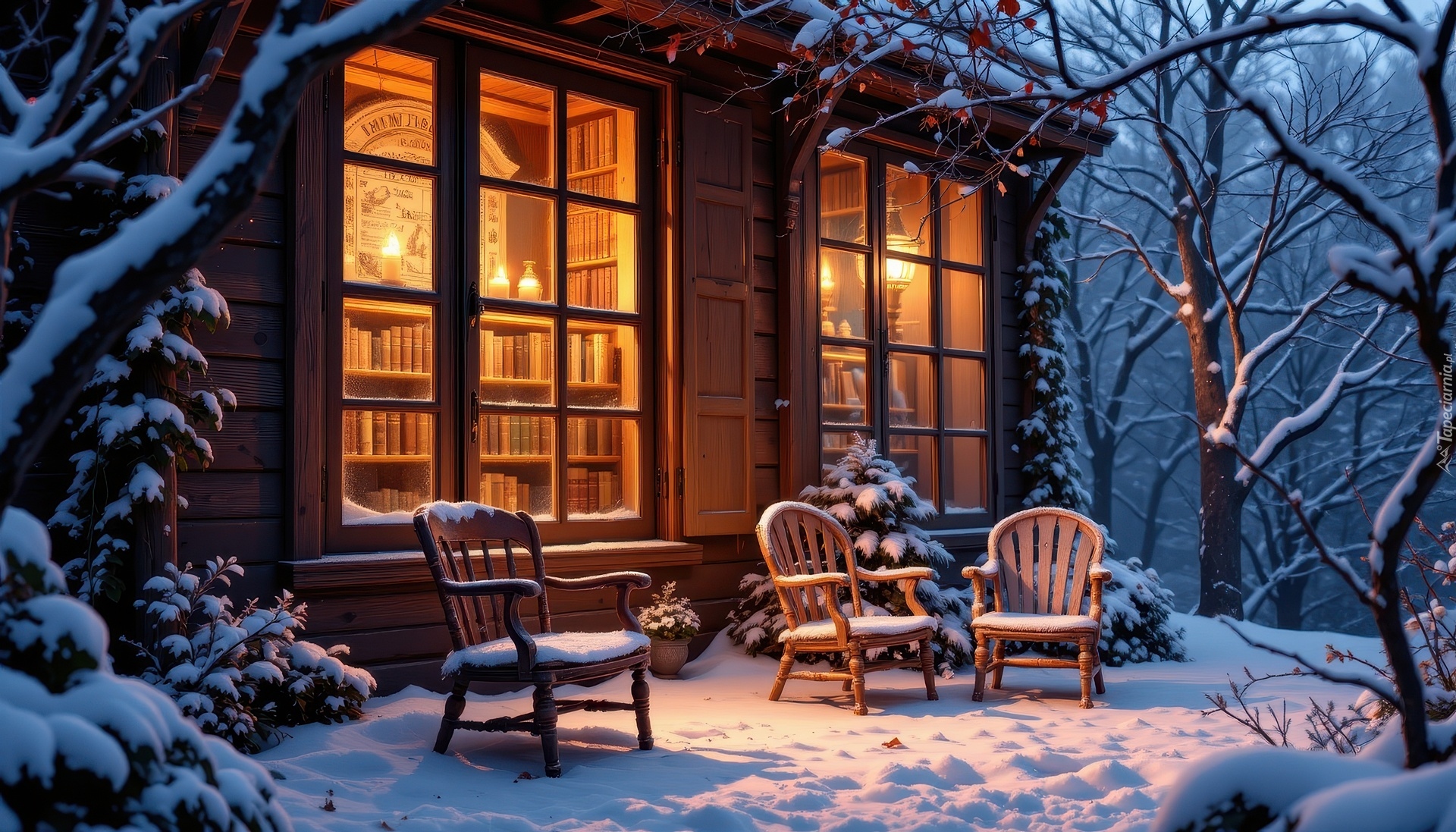 Biblioteka, Dom, Światło, Krzesła, Zima, Grafika AI