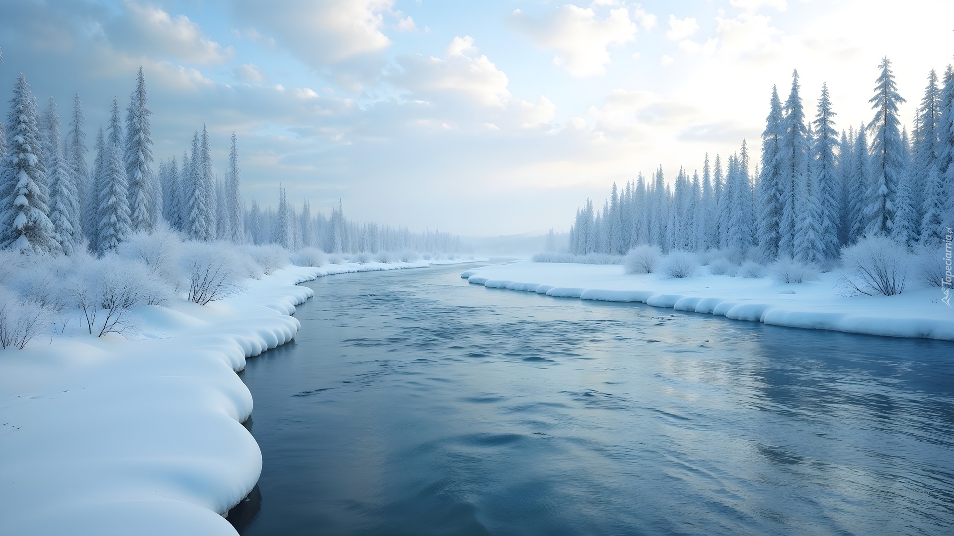 Zima, Rzeka, Ośnieżone, Drzewa, Krzewy, Śnieg