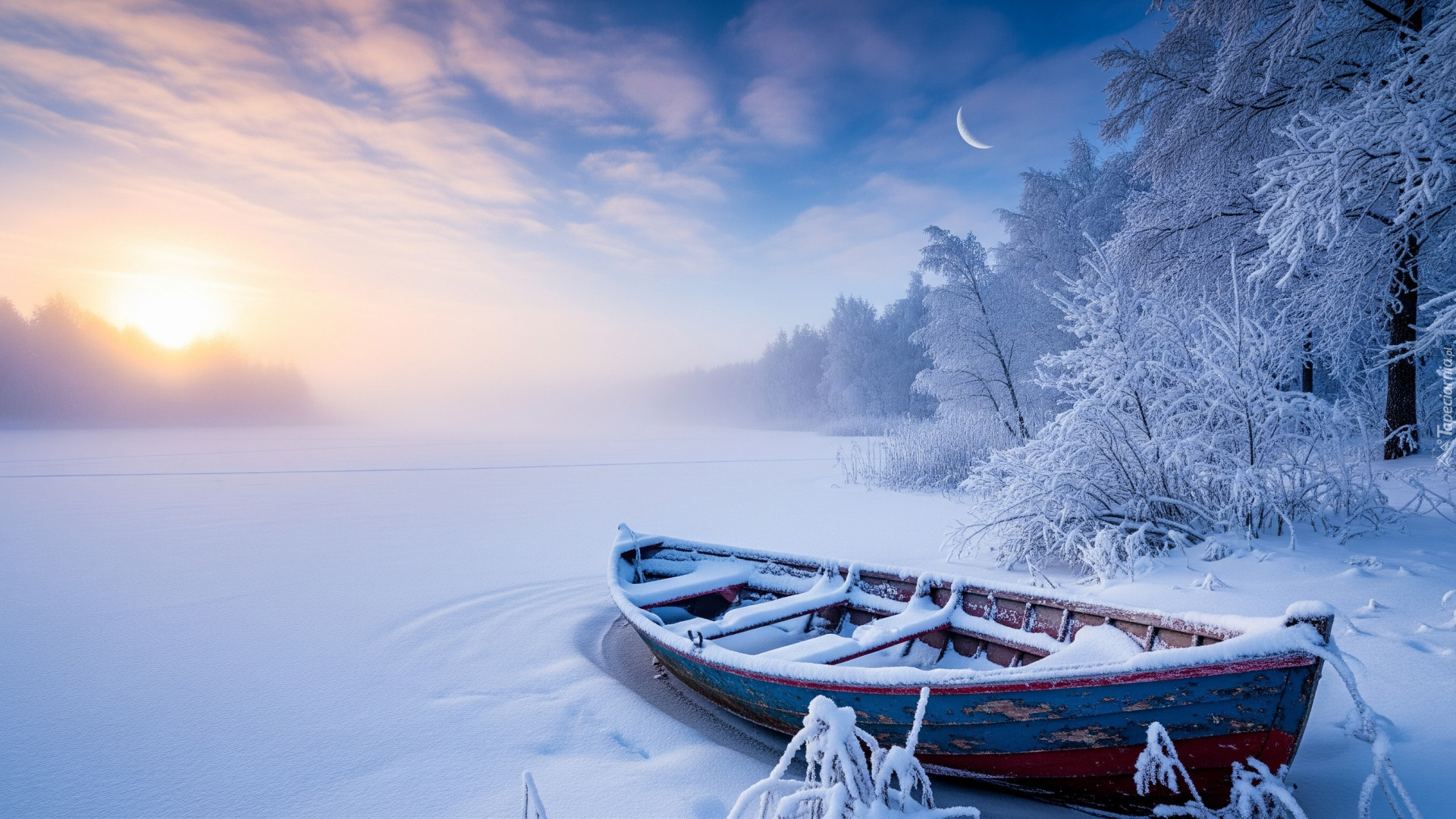 Zima, Jezioro, Ośnieżone, Drzewa, Łódka, Wschód słońca, Mgła