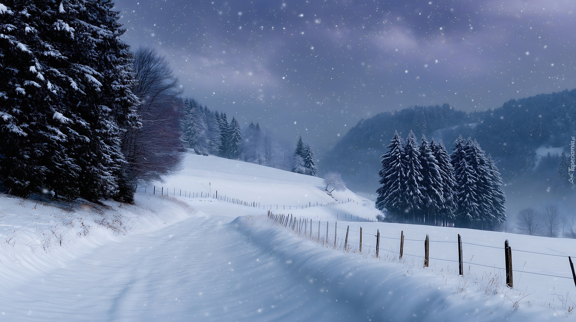 Zima, Droga, Drzewa, Ogrodzenie, Śnieg, Grafika AI