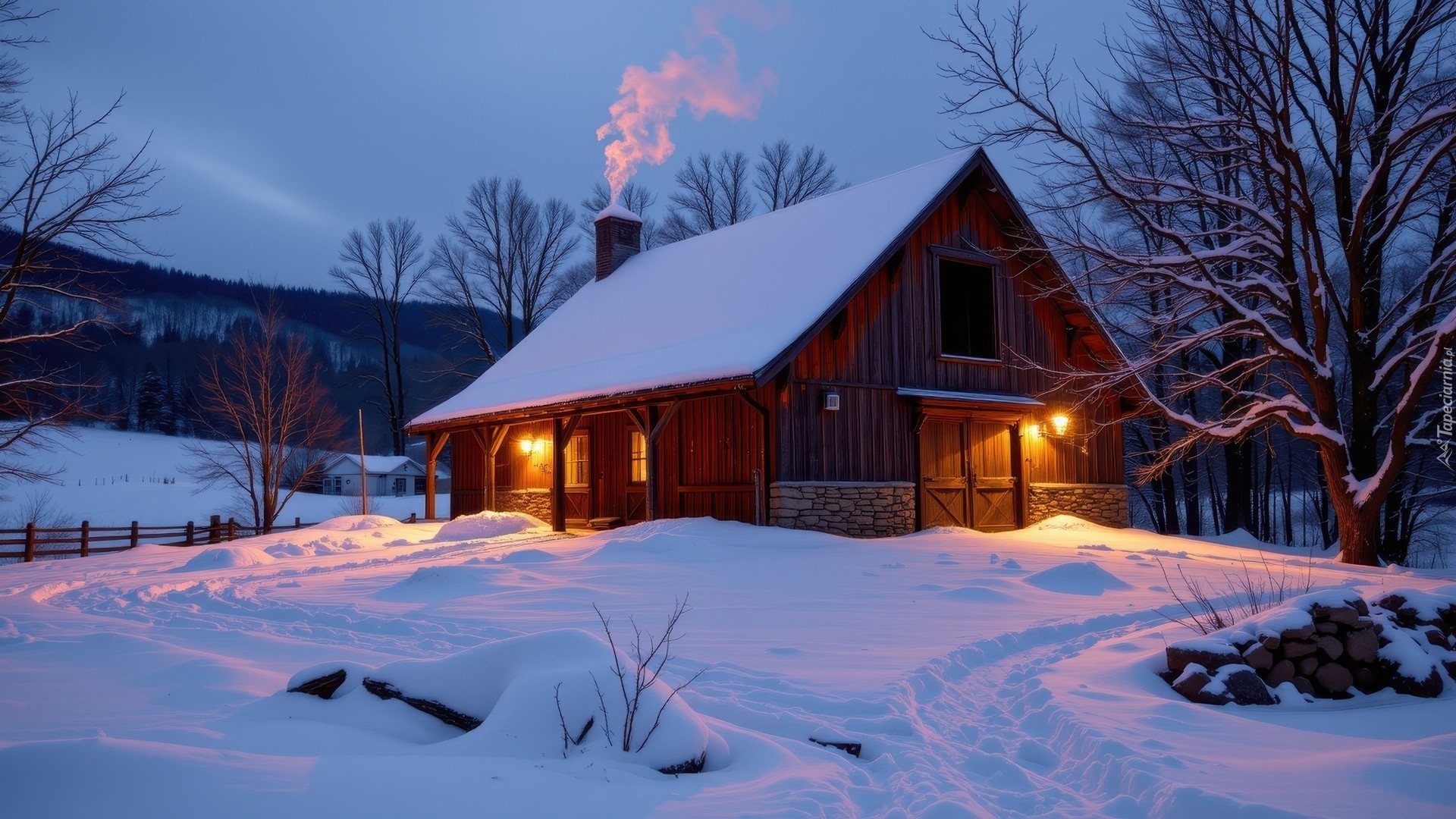 Zima, Śnieg, Dom, Oświetlenie, Komin, Dym, Drzewa, Ogrodzenie
