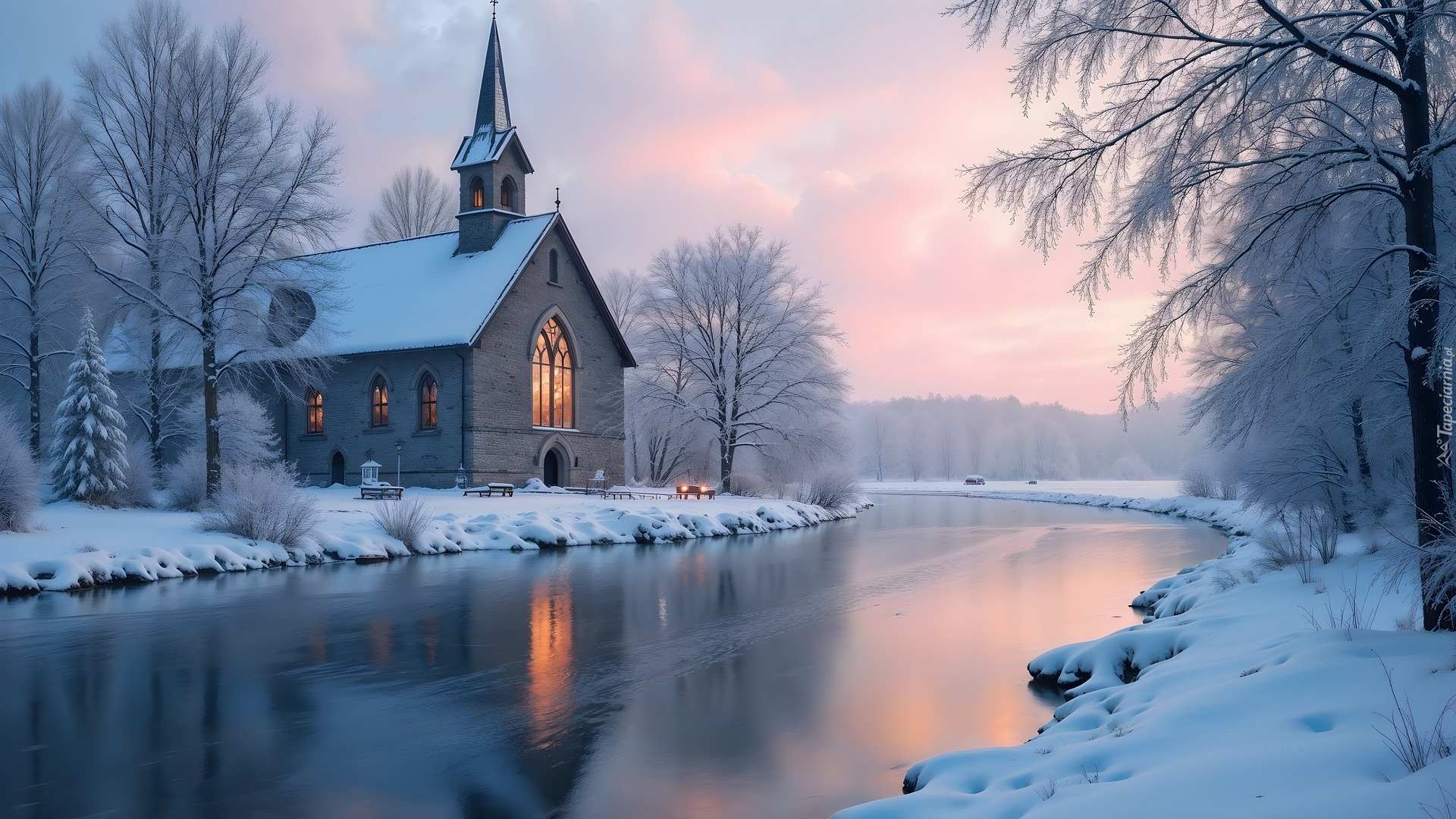 Rzeka, Kościół, Drzewa, Zima, AI