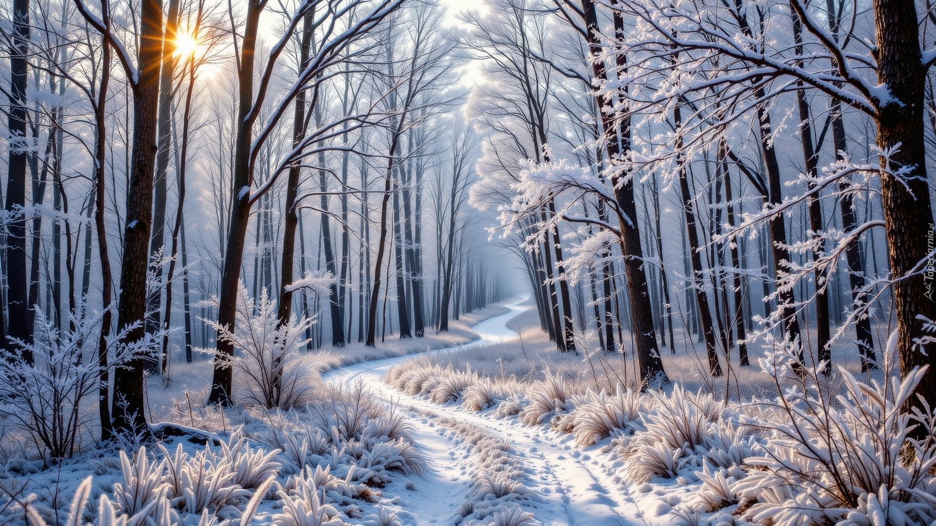 Zima, Las, Ośnieżone, Drzewa, Rośliny, Promienie słońca, Droga