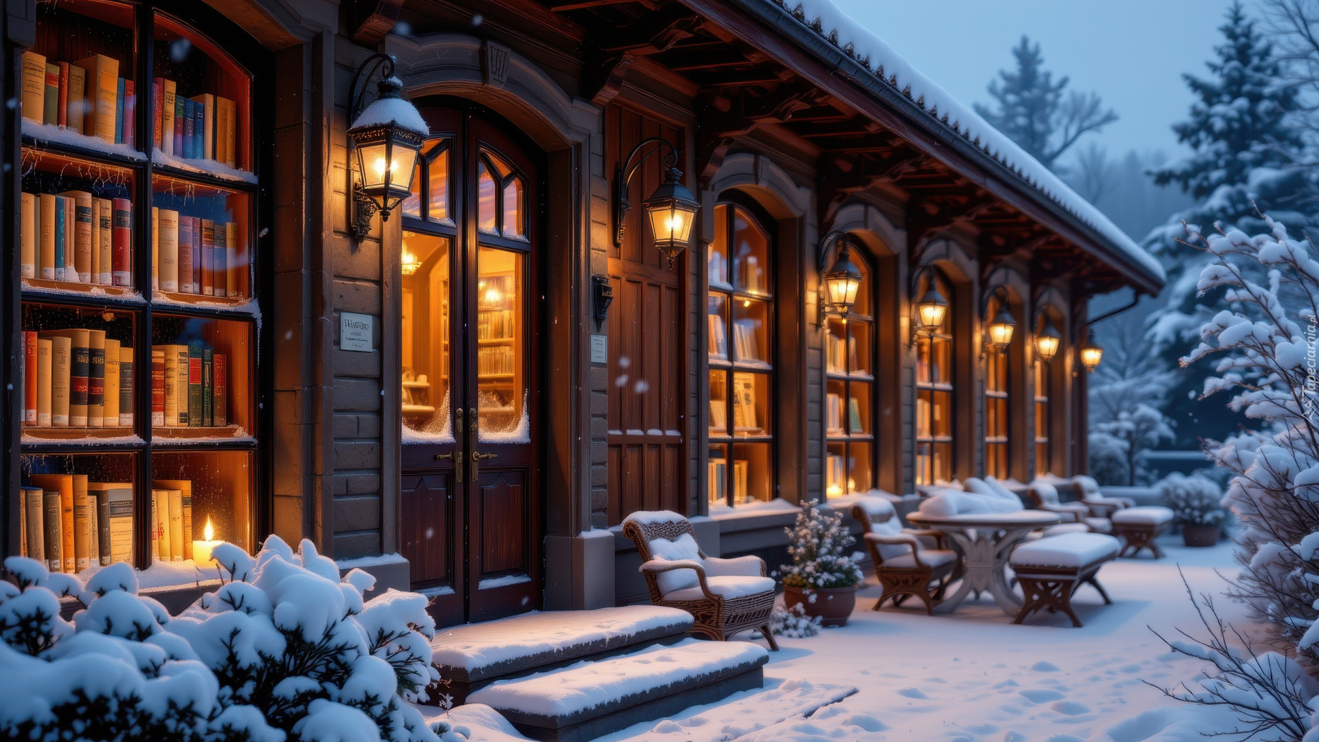 Zima, Ośnieżone, Drzewa, Dom, Biblioteka, Półki, Książki, Krzesła, Śnieg, AI