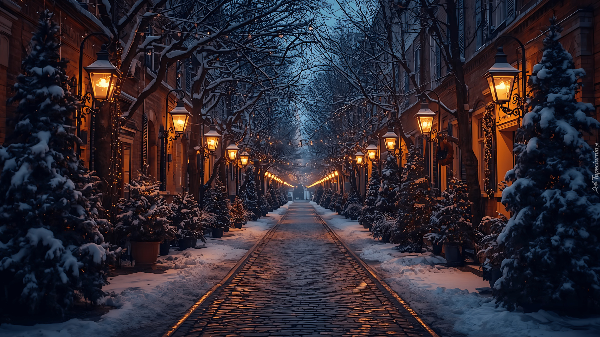 Zima, Domy, Ulica, Drzewa, Latarnie