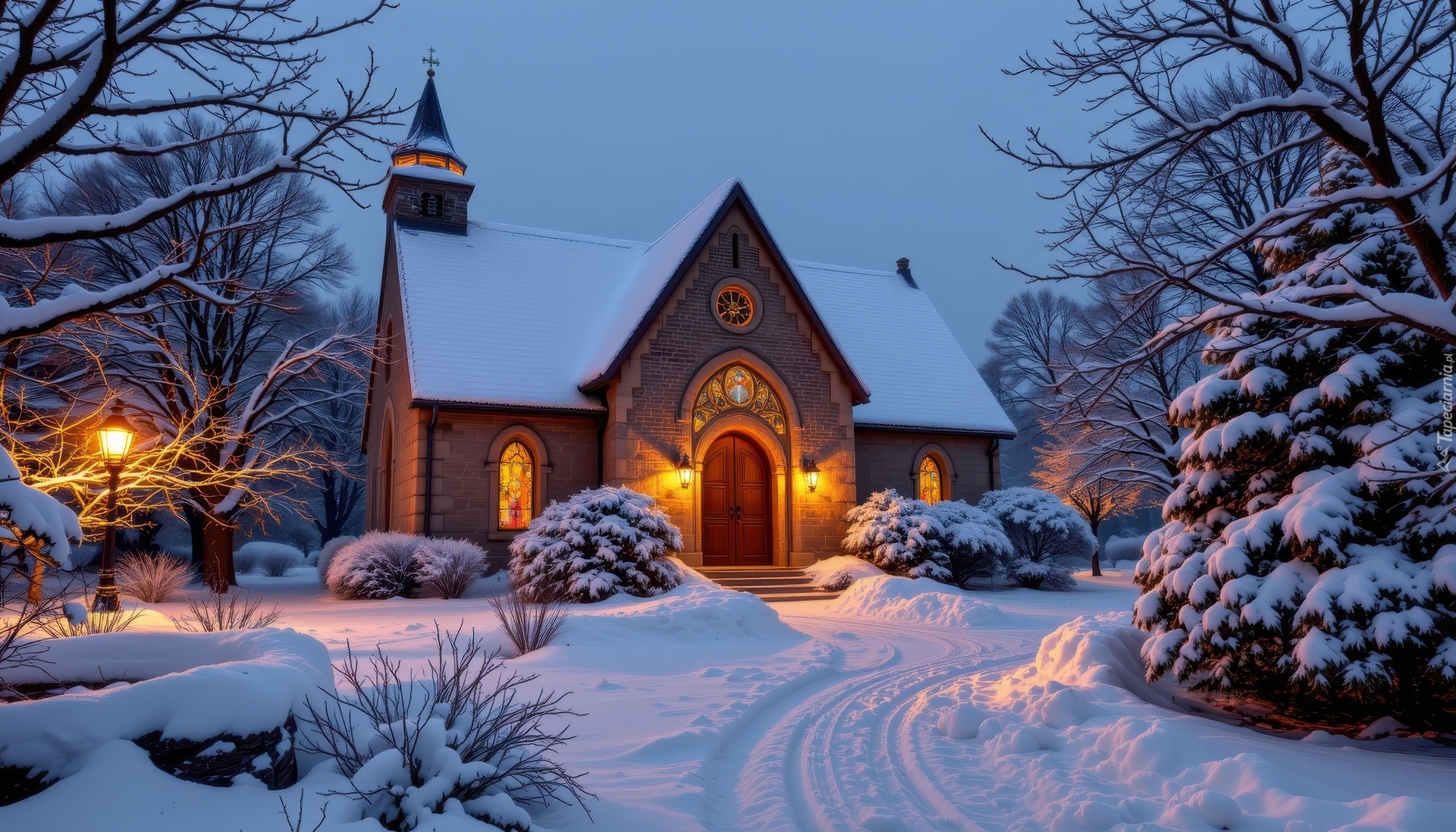 Zima, Kościół, Ośnieżone, Drzewa, Droga