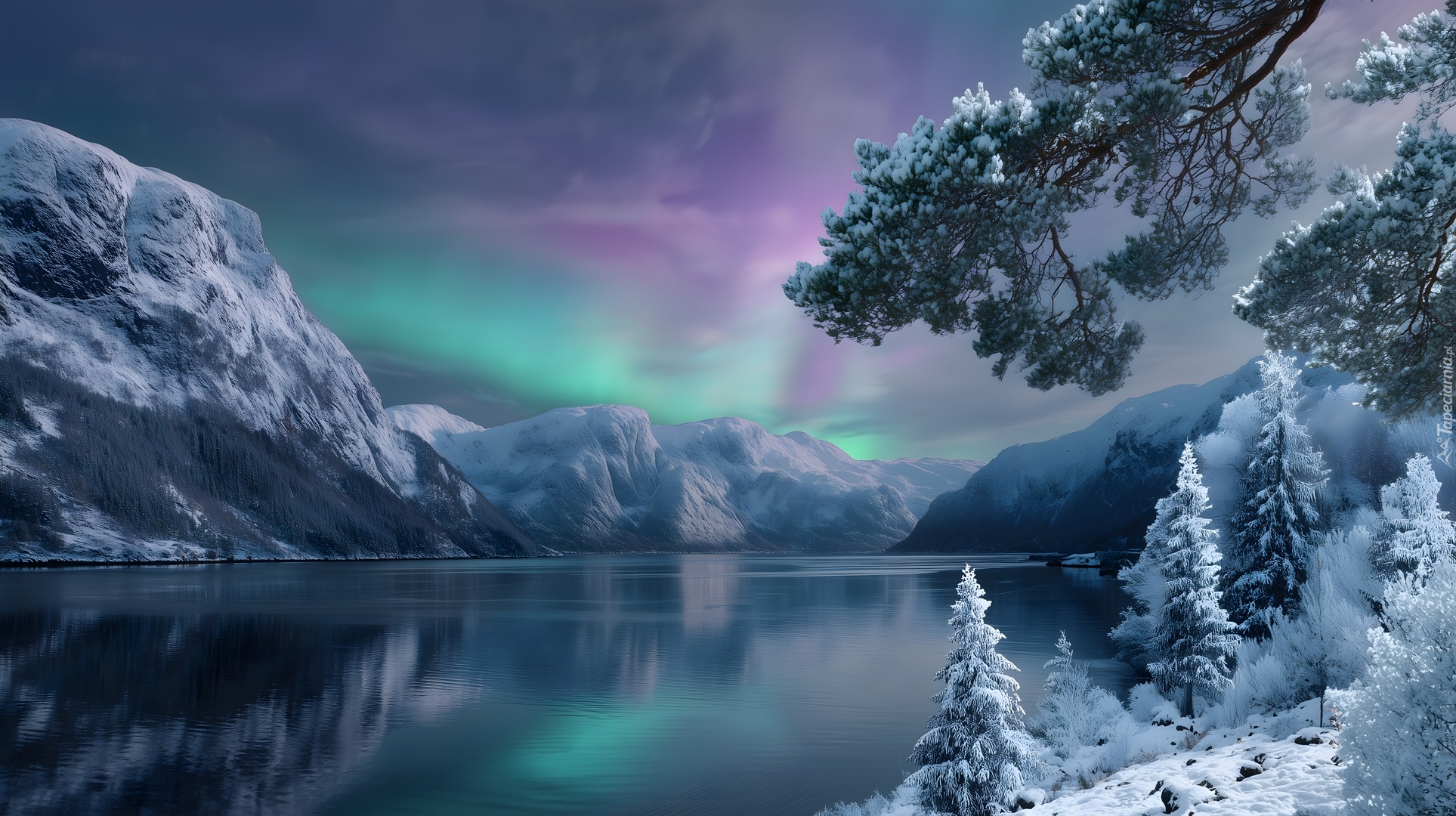 Zima, Jezioro, Drzewa, Góry, Zorza polarna, Grafika AI