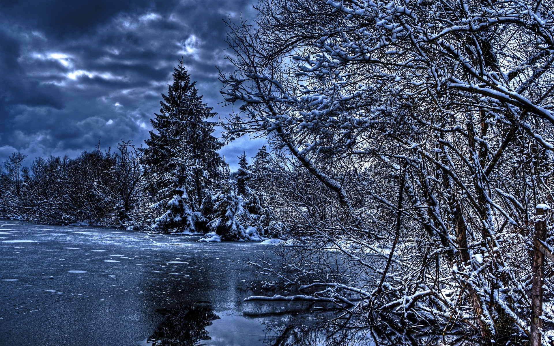 Zima, Rzeka, Drzewa, HDR
