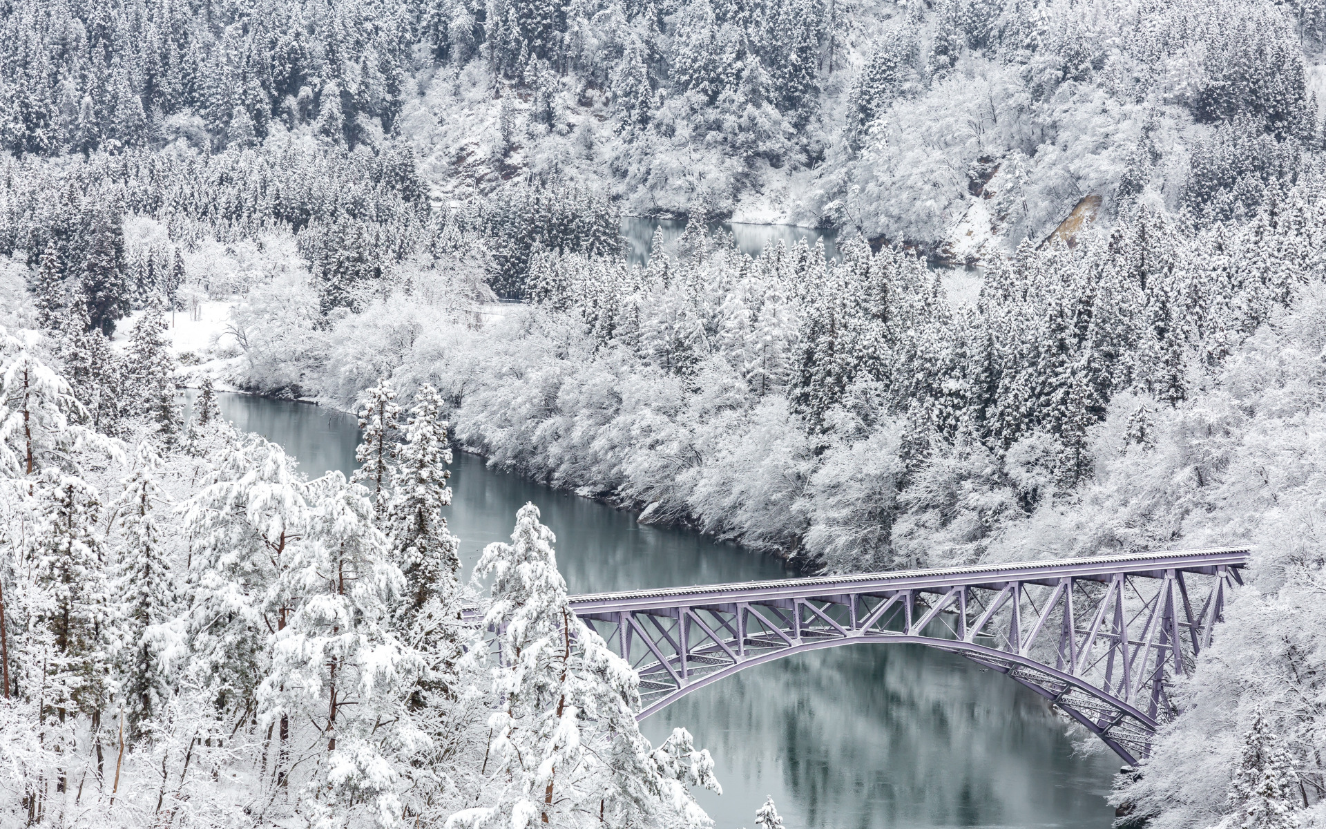 Zima, Śnieg, Las, Drzewa, Rzeka, Tadami River, Most, Tadami River Bridge, Mishima, Fukushima, Japonia