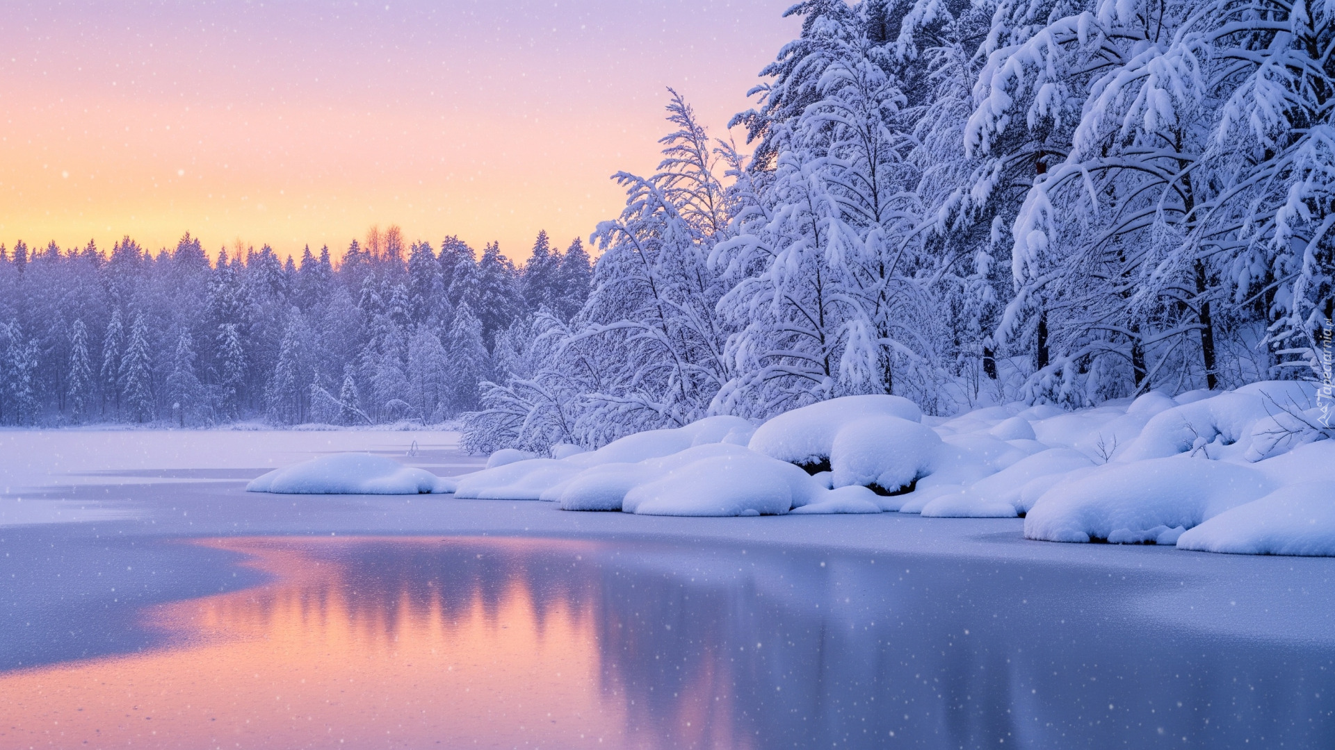 Zima, Rzeka, Ośnieżone, Drzewa, Zachód słońca, Zaspy