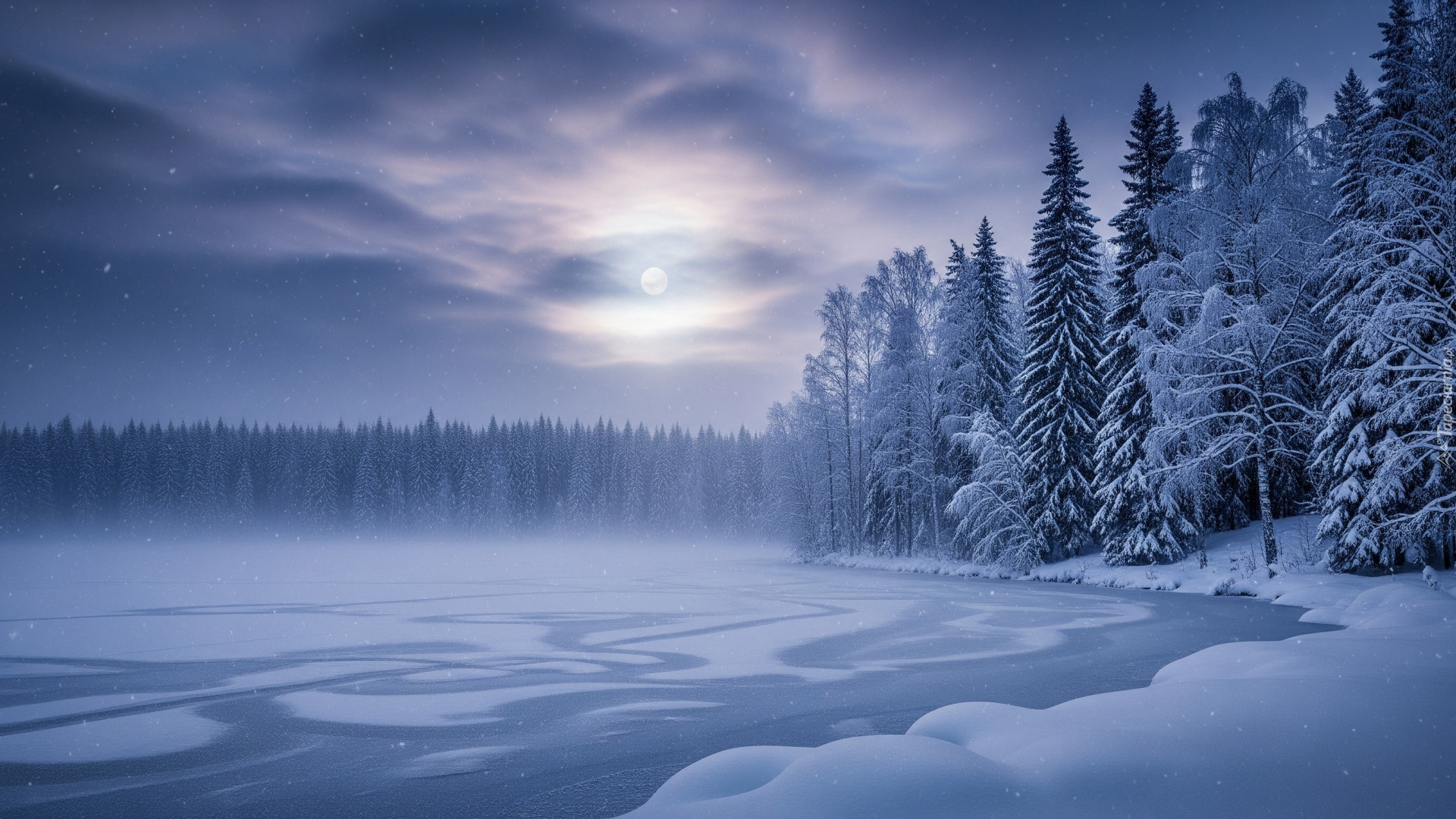 Zima, Jezioro, Drzewa, Mgła, Księżyc