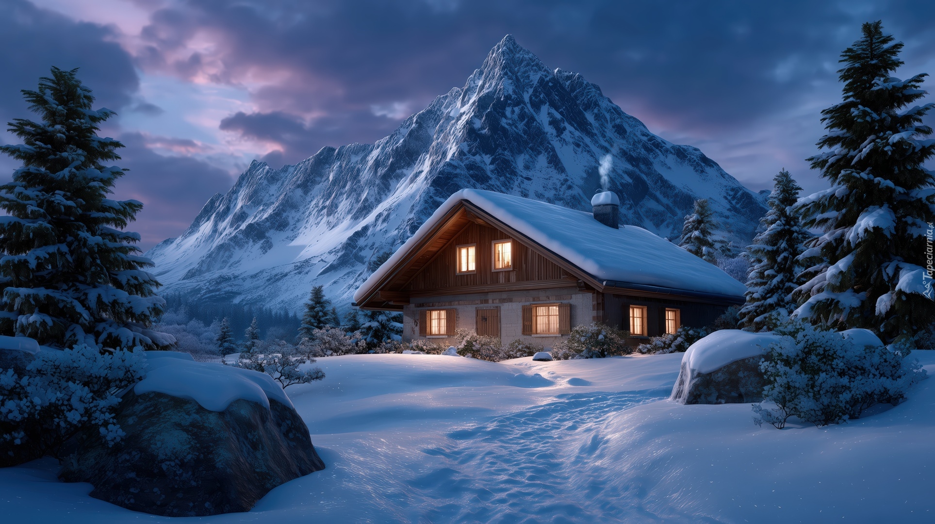 Zima, Oświetlony, Dom, Góry, Wieczór, Grafika AI