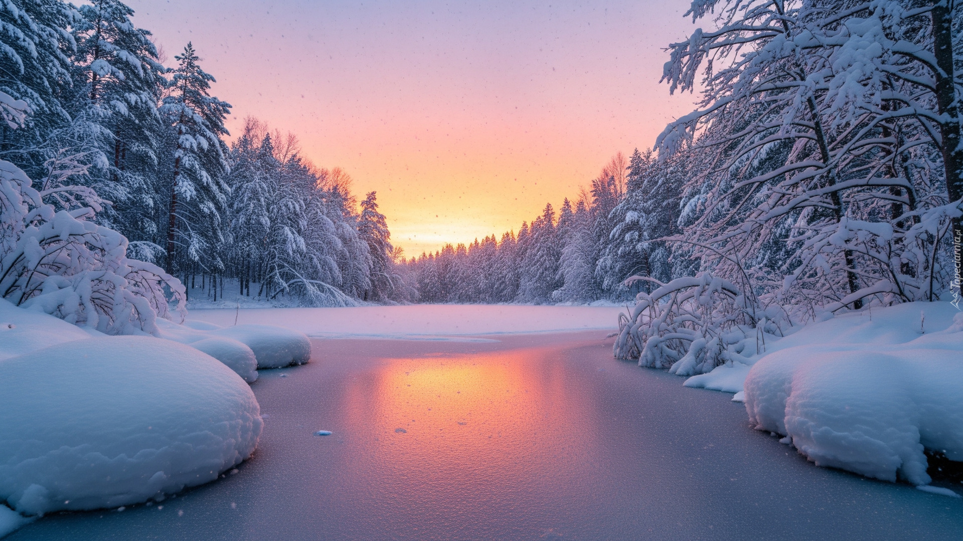 Zima, Rzeka, Drzewa, Zaspy, Drzewa, Wschód słońca