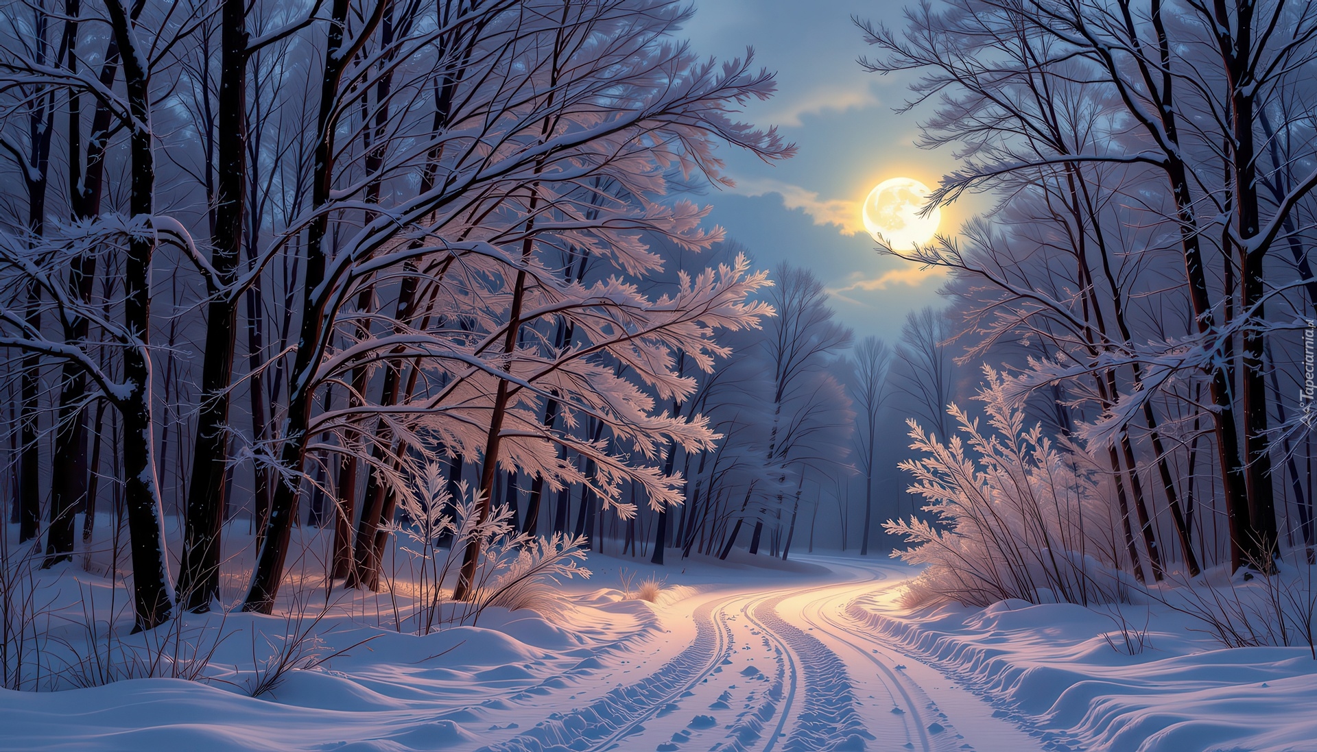 Zima, Ośnieżona, Droga, Drzewa, Las, Księżyc, Grafika AI