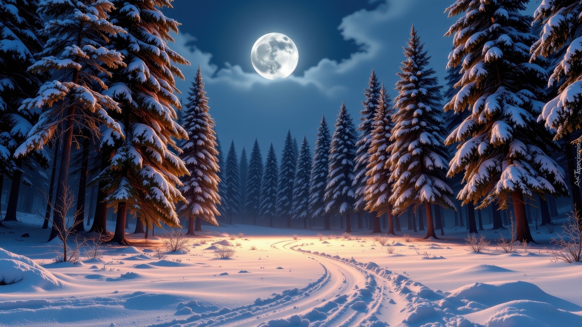 Zima, Noc, Księżyc, Ośnieżone, Drzewa, Zaśnieżona, Droga