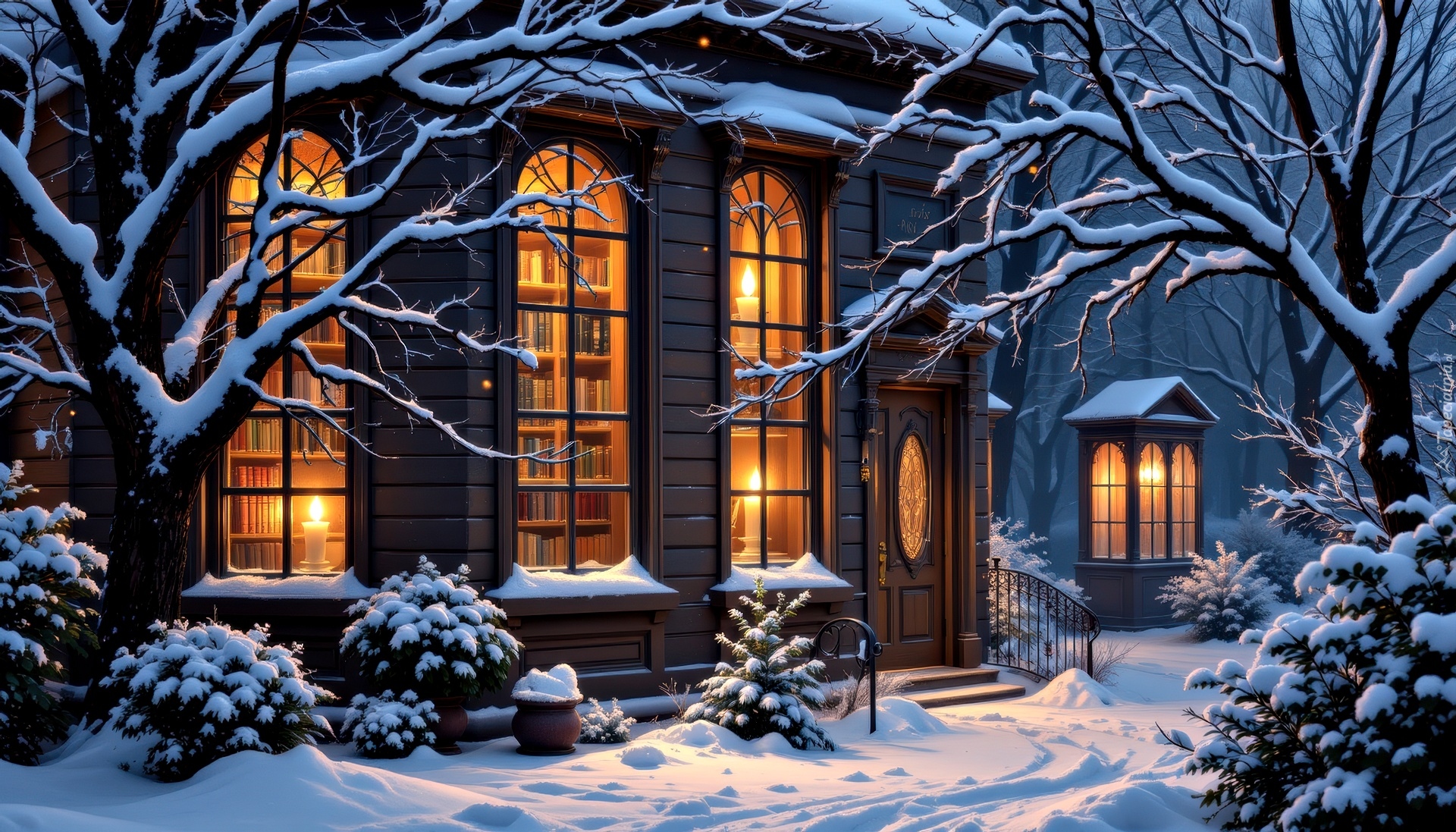 Dom, Biblioteka, Światło, Zima, Drzewa, Grafika AI