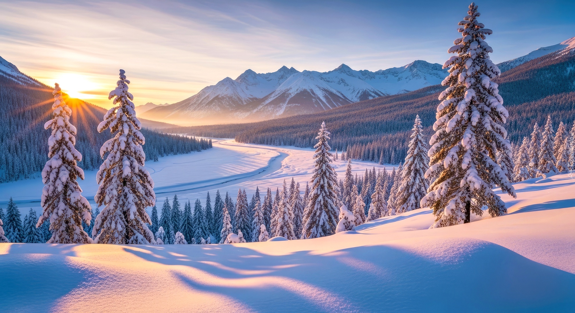 Zima, Drzewa, Dolina, Góry, Wschód słońca, Grafika AI