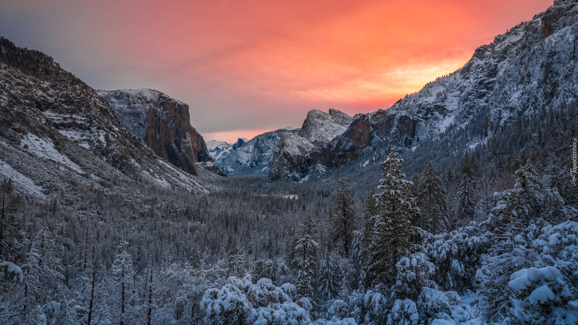 Dolina Yosemite Valley, Park Narodowy Yosemite, Zima, Góry, Drzewa, Lasy, Zachód słońca, Stan Kalifornia, Stany Zjednoczone